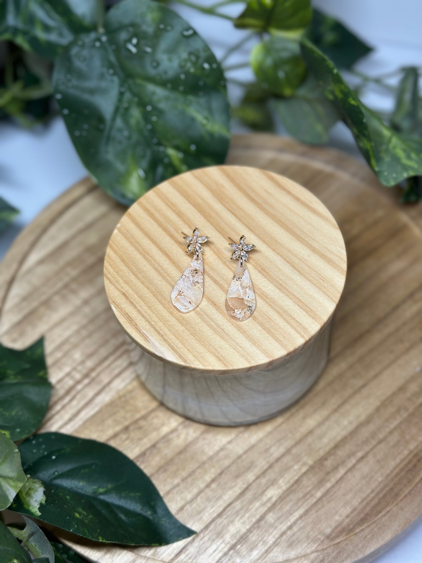 Skinny Drop Pendant Earrings with Floral Stud Dangle - Beige