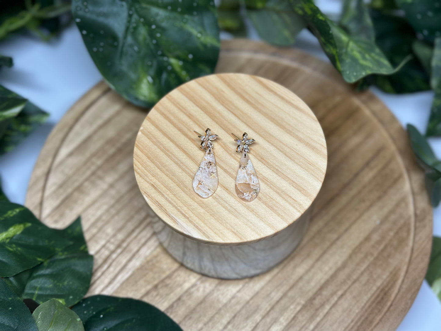 Skinny Drop Pendant Earrings with Floral Stud Dangle - Beige