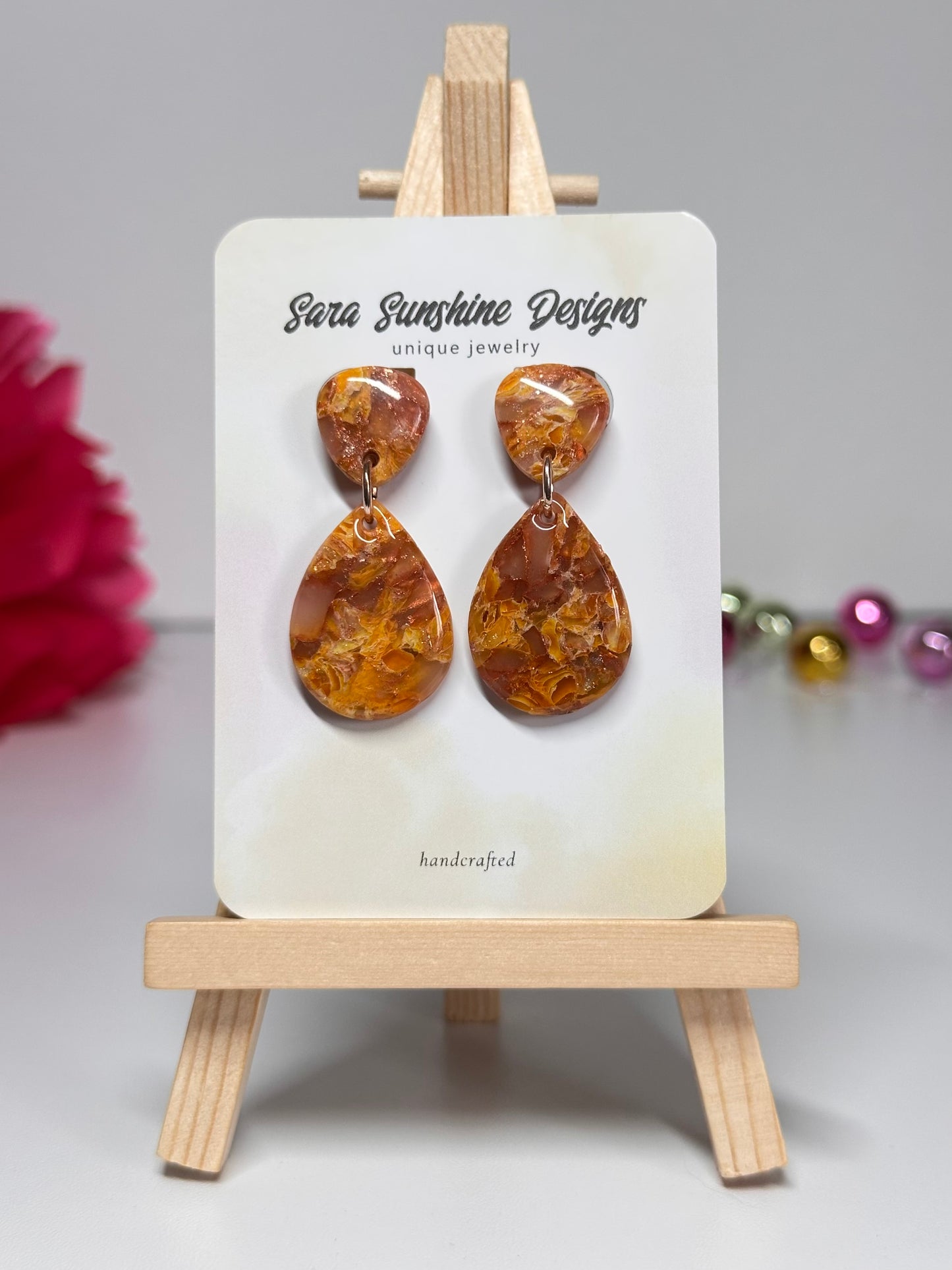Drop Pendant Earrings - Yellow & Maroon