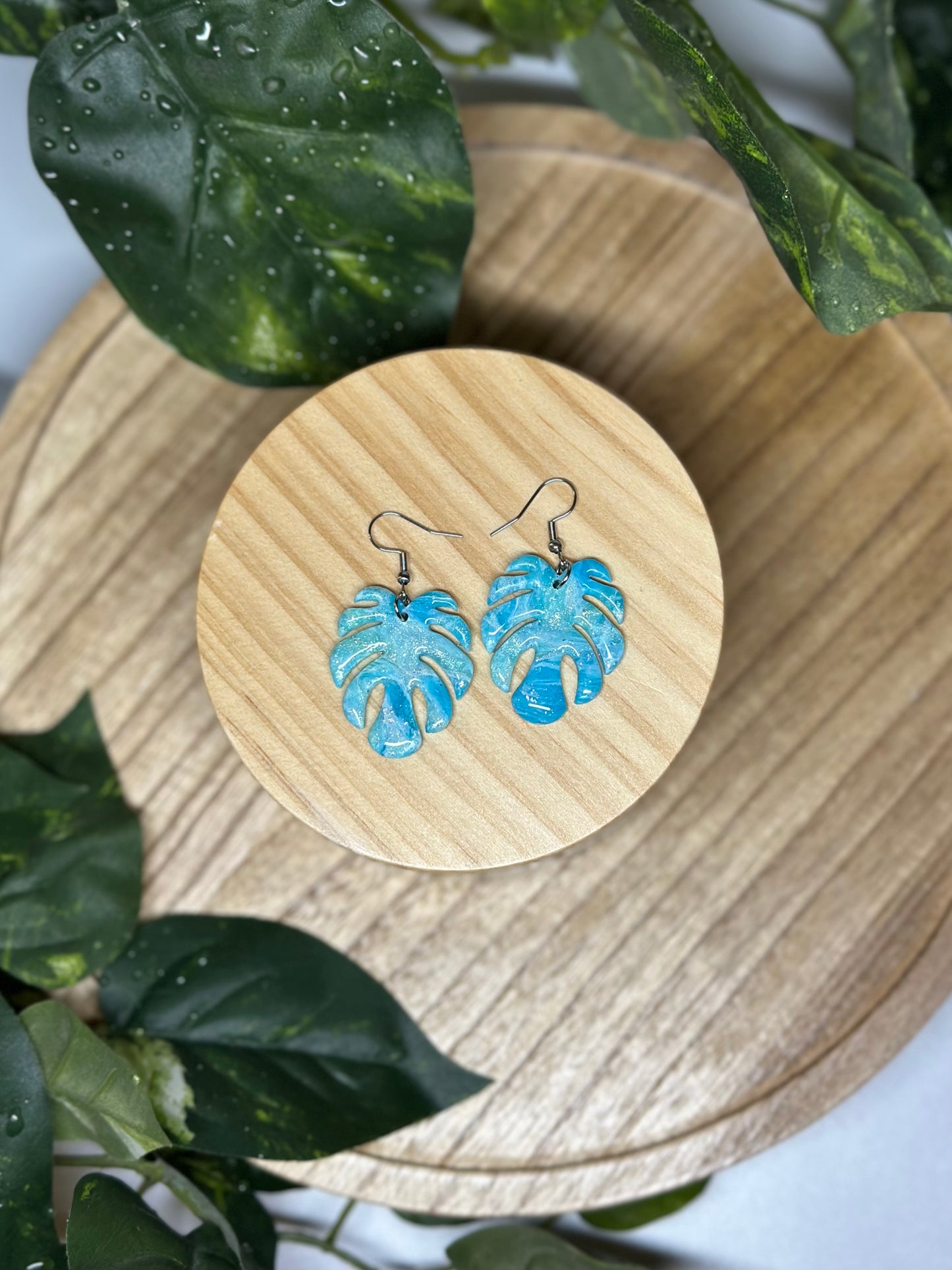 Monstera Leaf Earrings - Blue Green