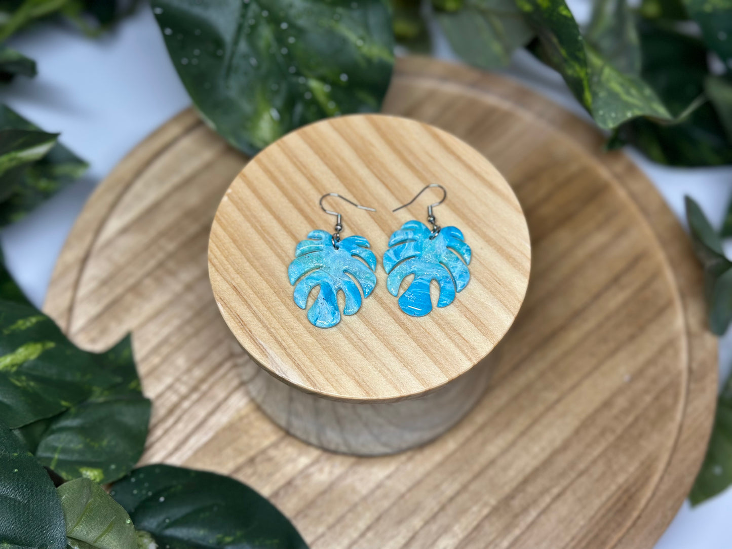 Monstera Leaf Earrings - Blue Green