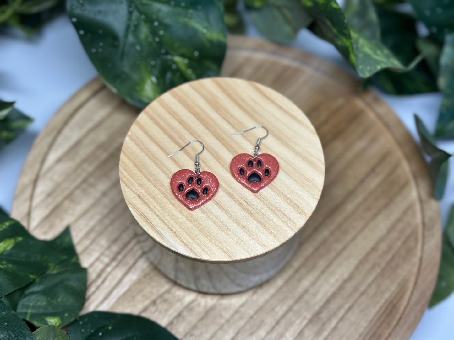 Paw Print Heart Earrings - Orange & Black