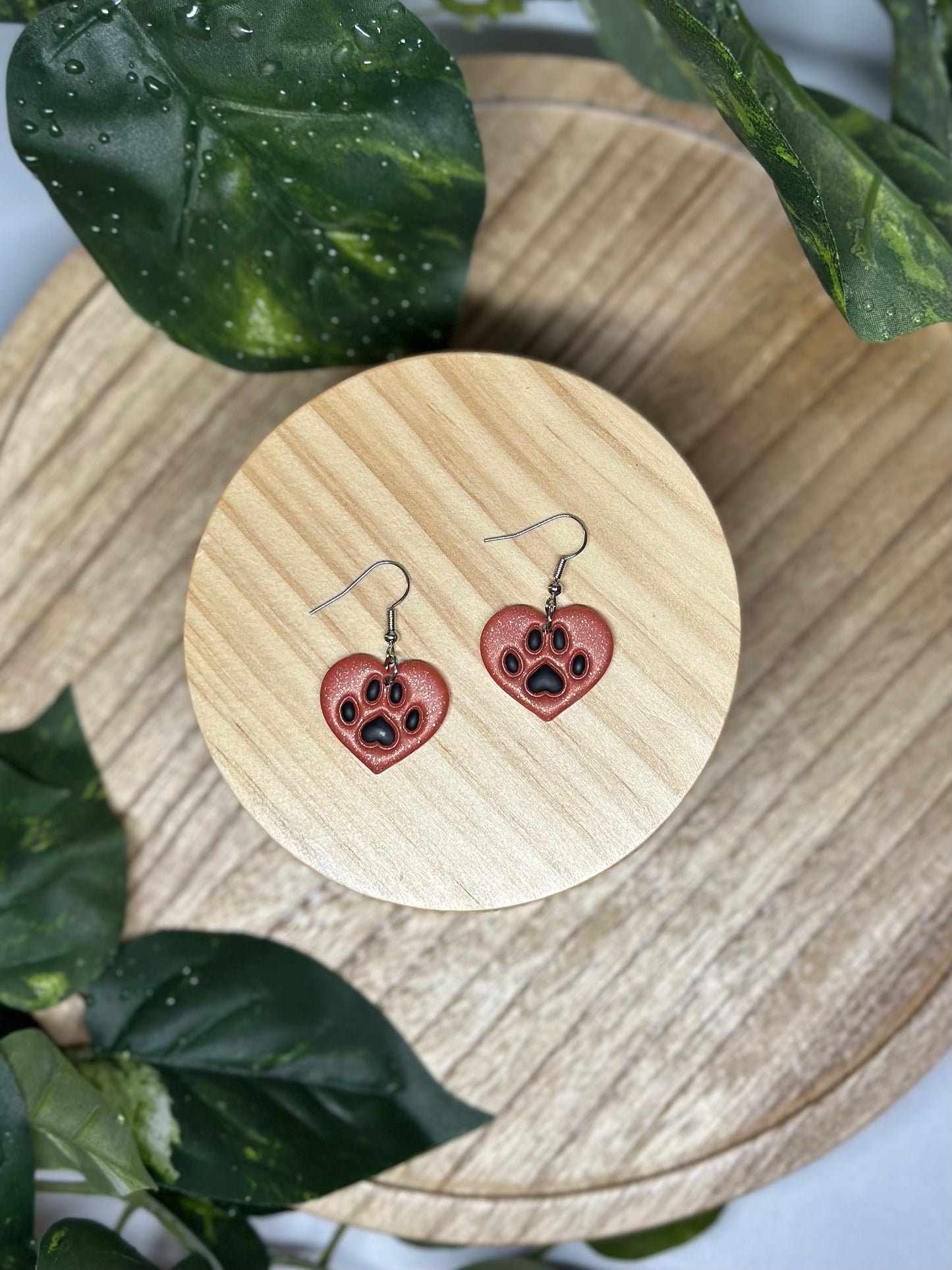 Paw Print Heart Earrings - Orange & Black