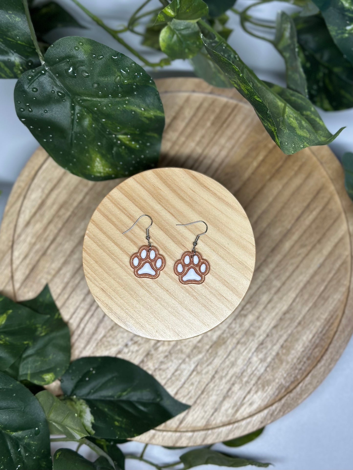 Paw Print Earrings - Tan & White