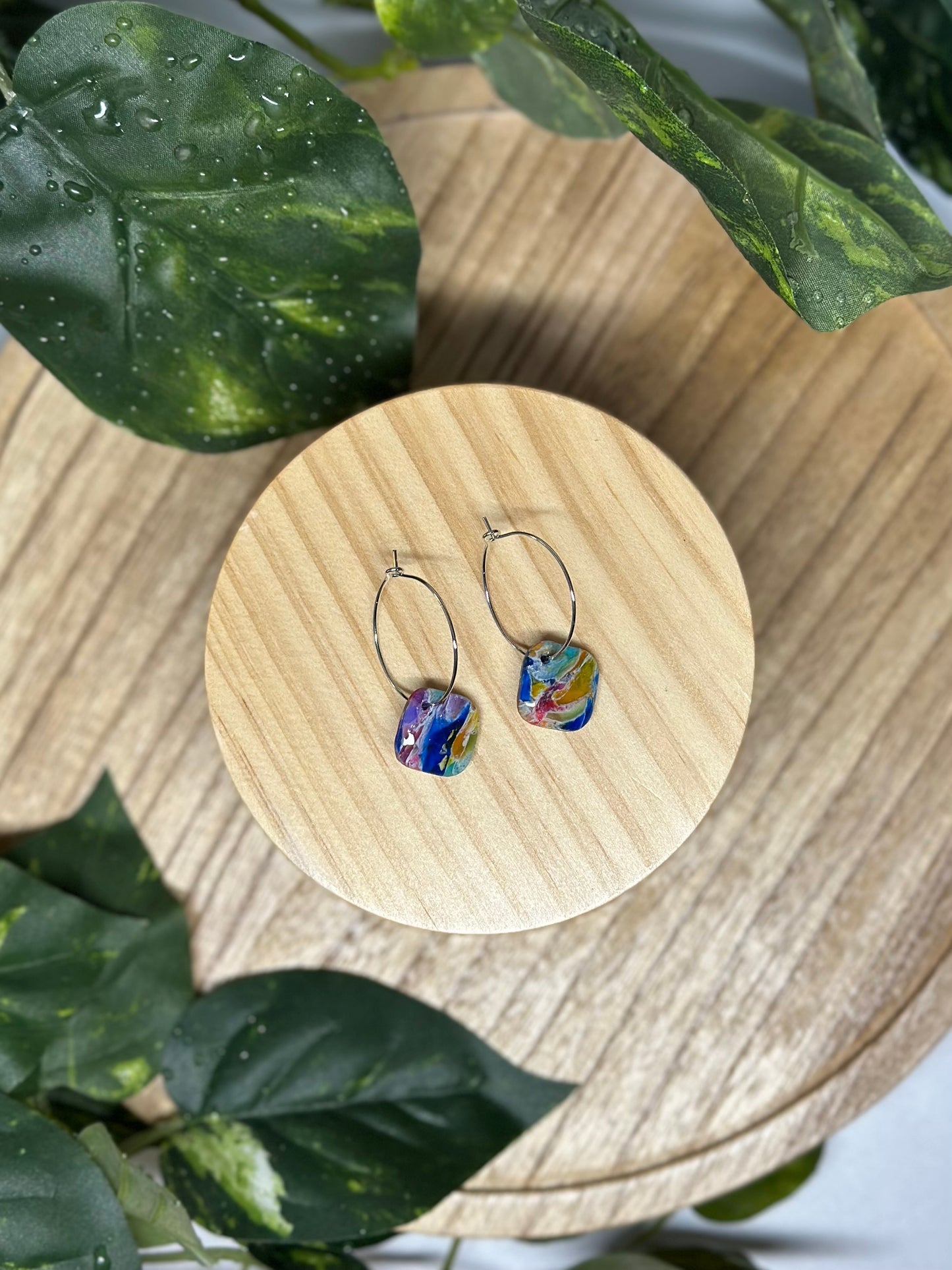 Square Pendant Hoop Earrings - Rainbow 1