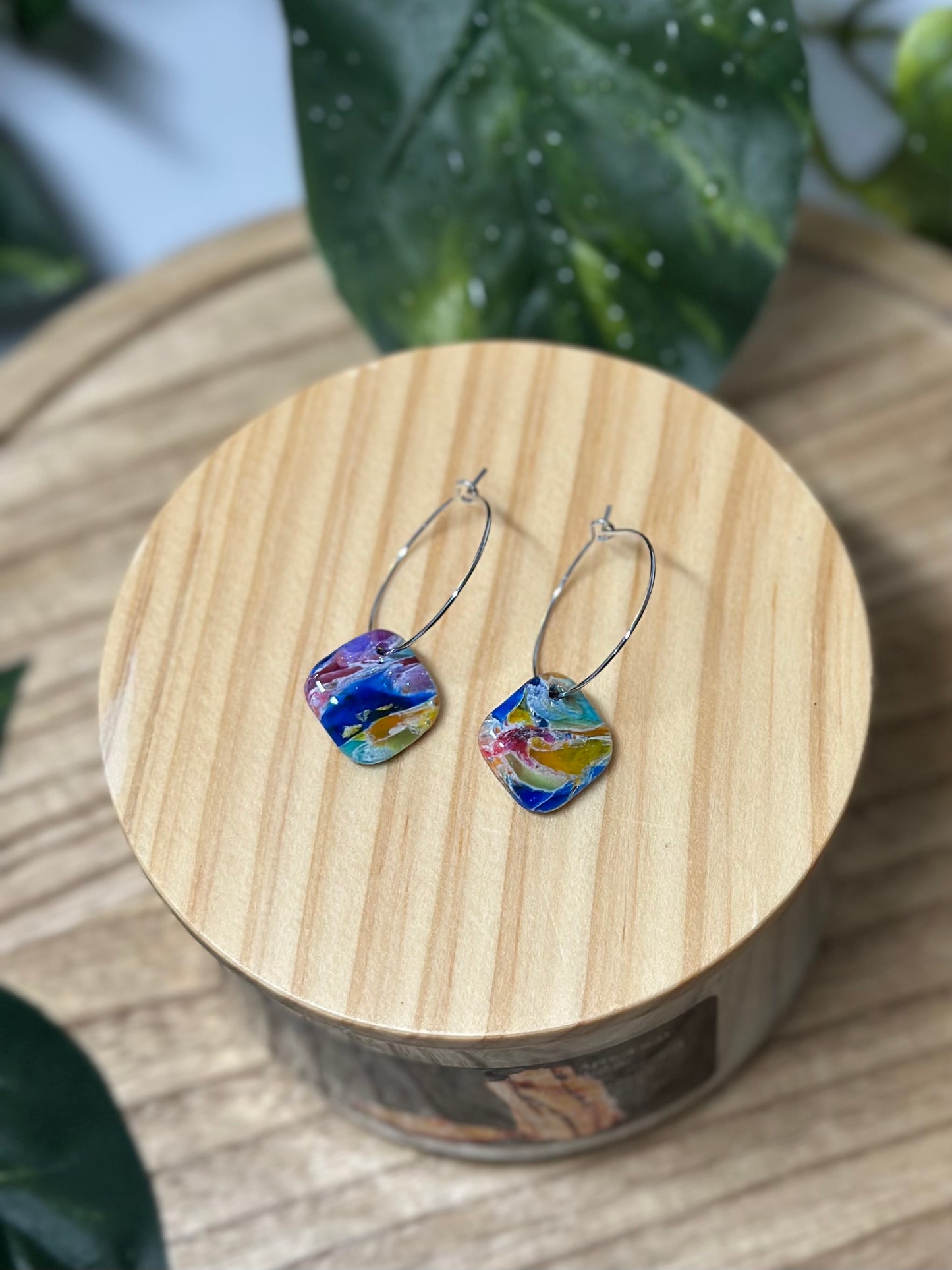 Square Pendant Hoop Earrings - Rainbow 1