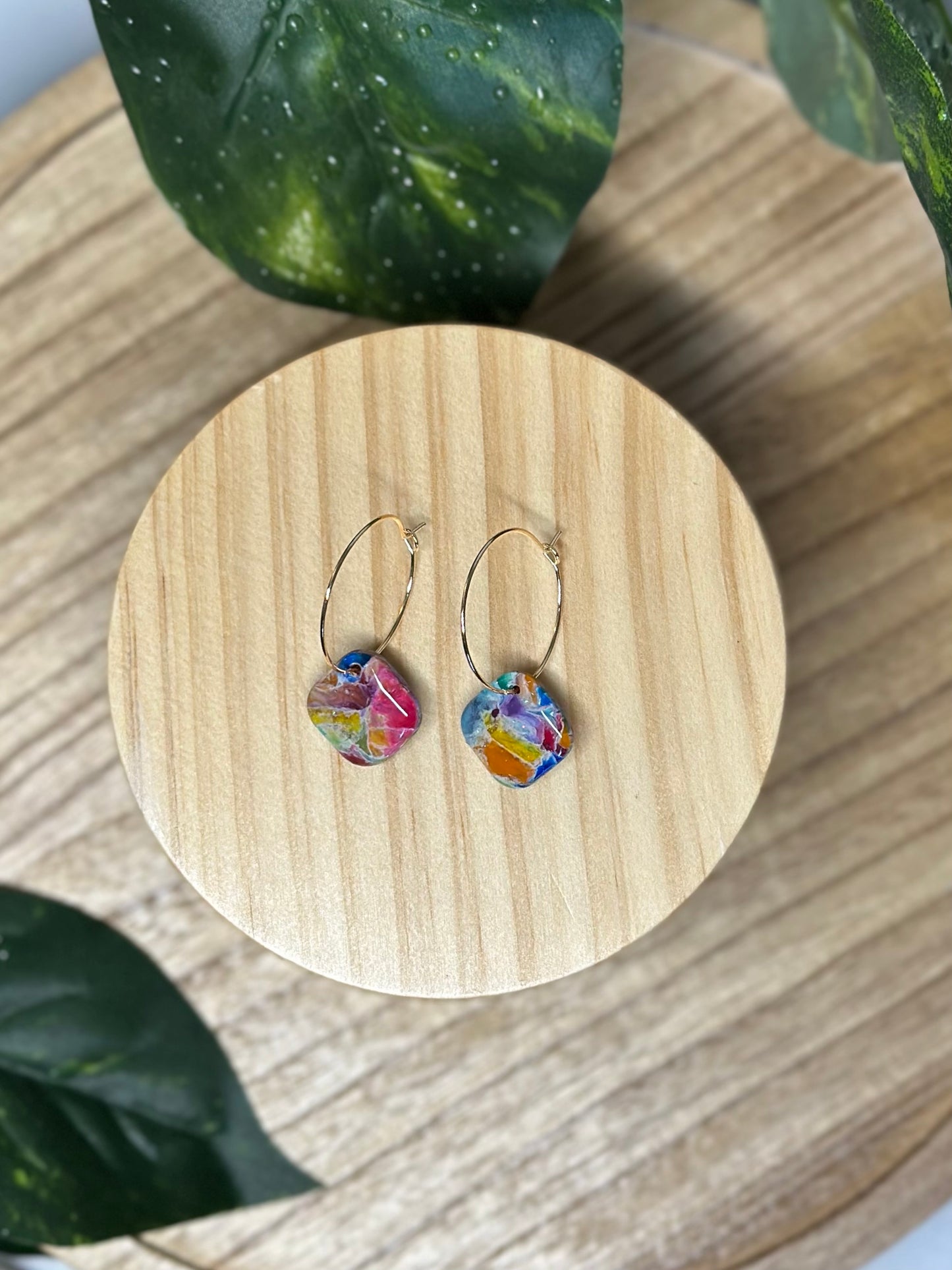 Square Pendant Hoop Earrings - Rainbow 2
