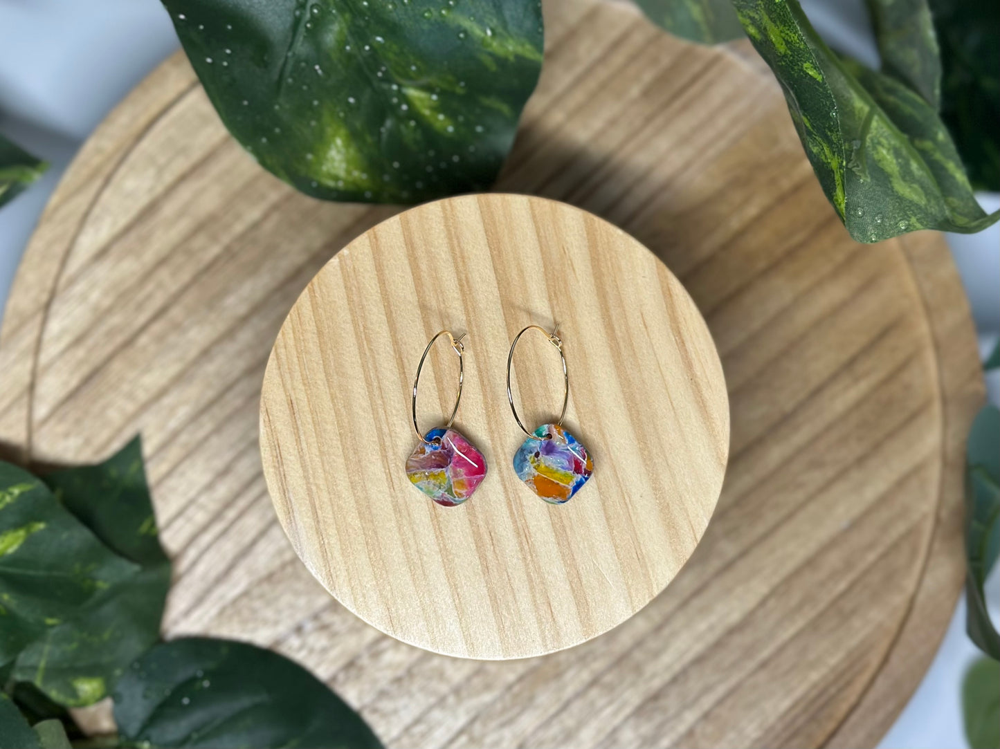 Square Pendant Hoop Earrings - Rainbow 2