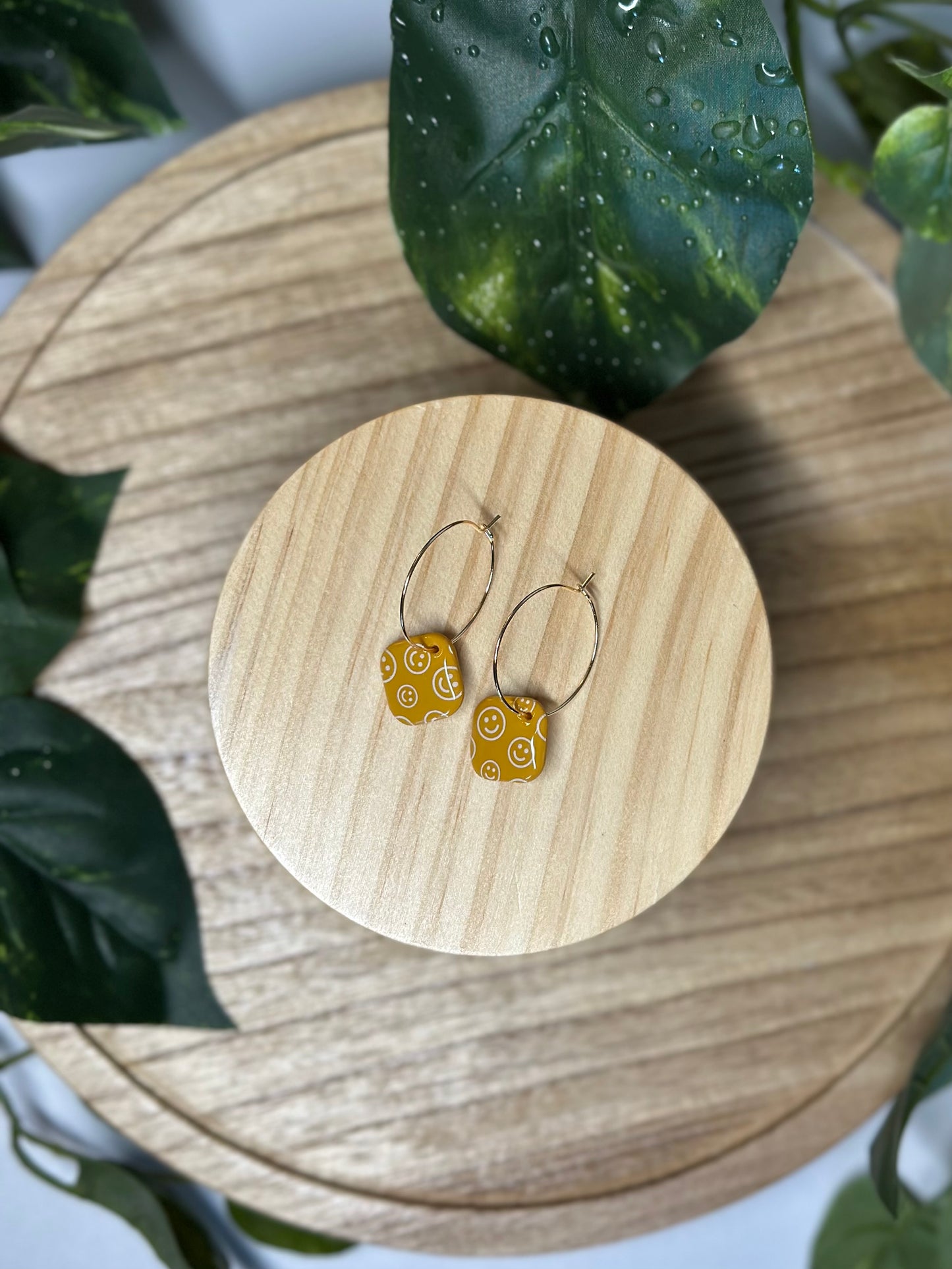 Square Pendant Hoop Earrings - Mustard & White Smiley