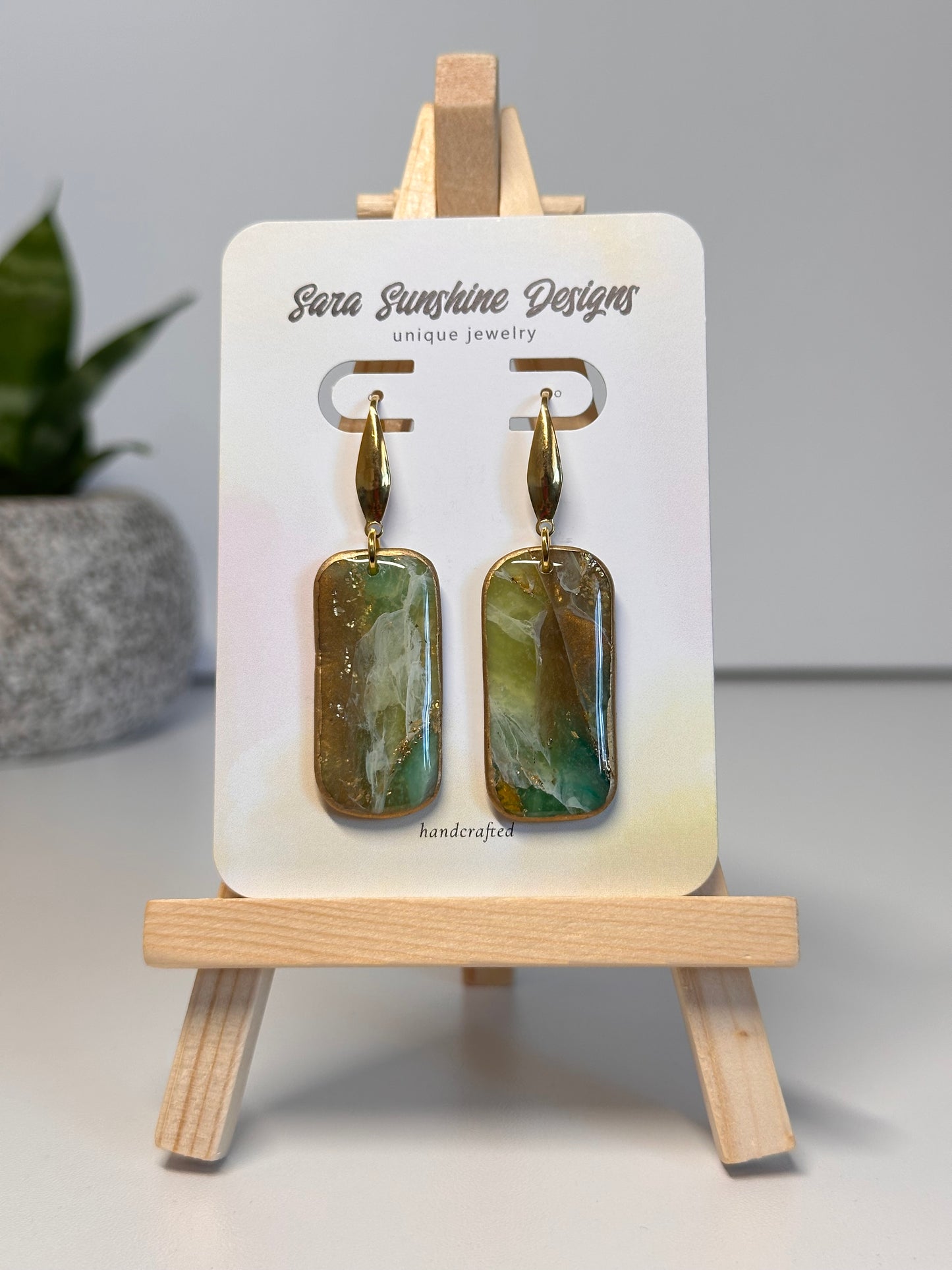 Faux Stone Earrings - Jade, Citrine & Amber with Gold Embellishments - Long Rectangle 2