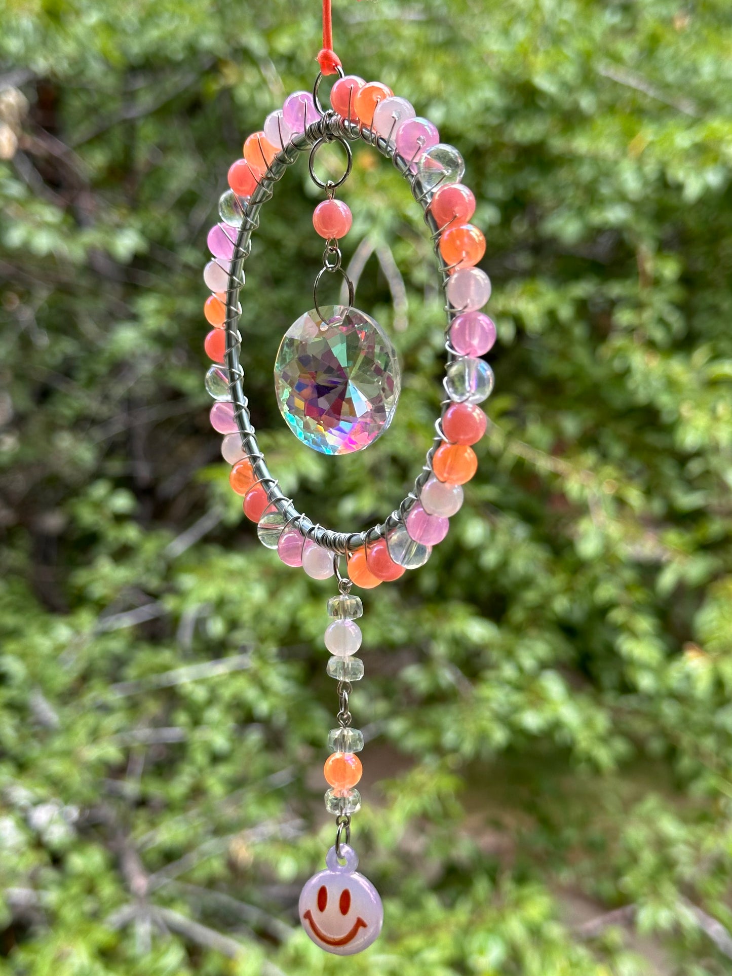Mini-Malist Suncatcher Summer Session / Car Charm / Rainbow Maker / 3 Inch Silver Ring / Pink & Orange Smiley Dangle