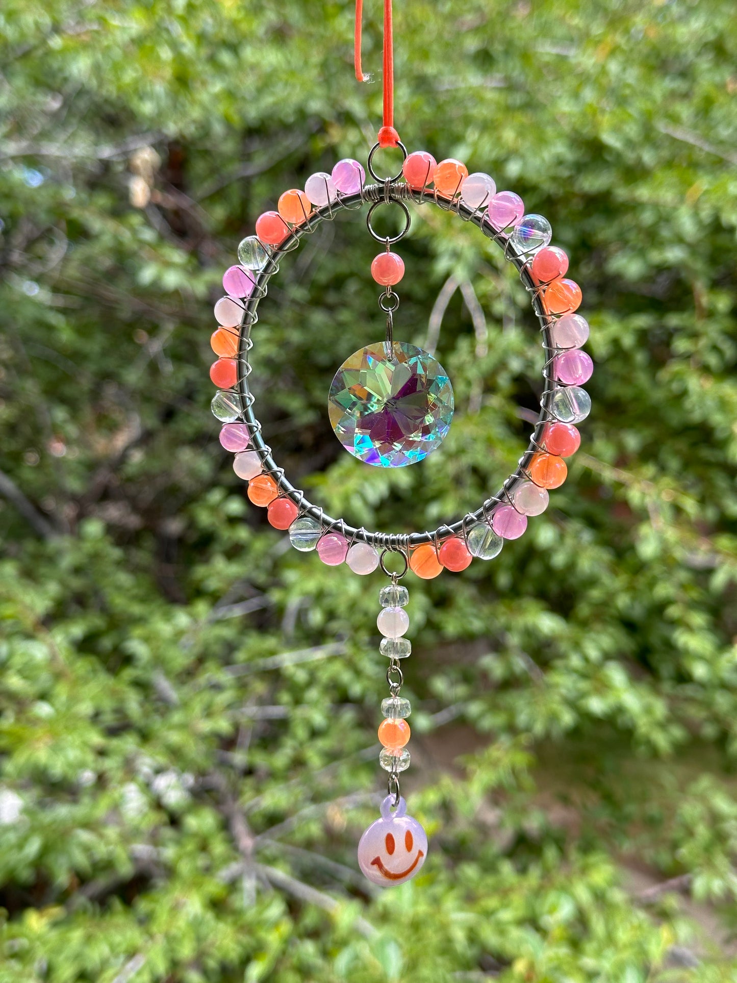 Mini-Malist Suncatcher Summer Session / Car Charm / Rainbow Maker / 3 Inch Silver Ring / Pink & Orange Smiley Dangle
