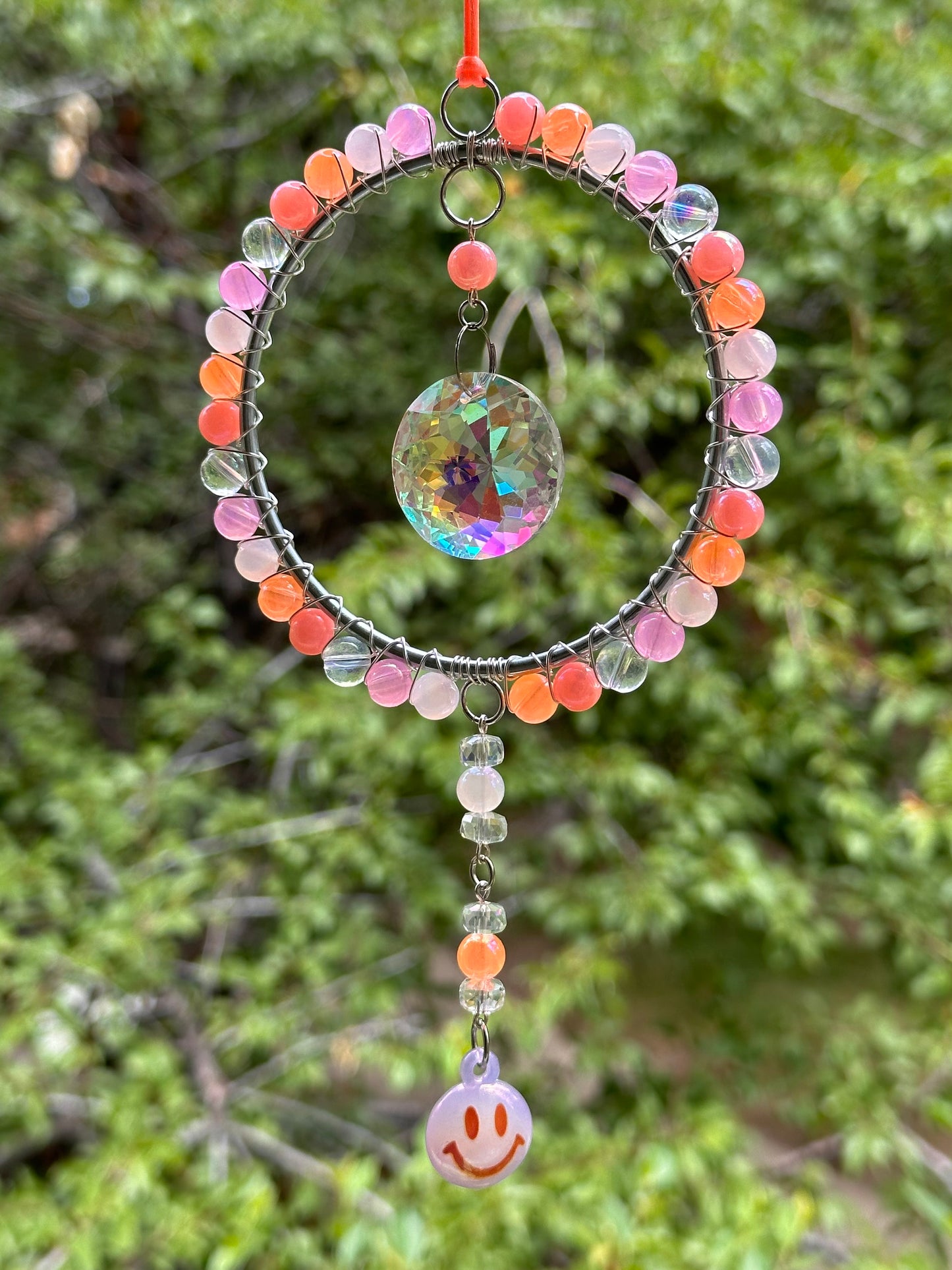 Mini-Malist Suncatcher Summer Session / Car Charm / Rainbow Maker / 3 Inch Silver Ring / Pink & Orange Smiley Dangle