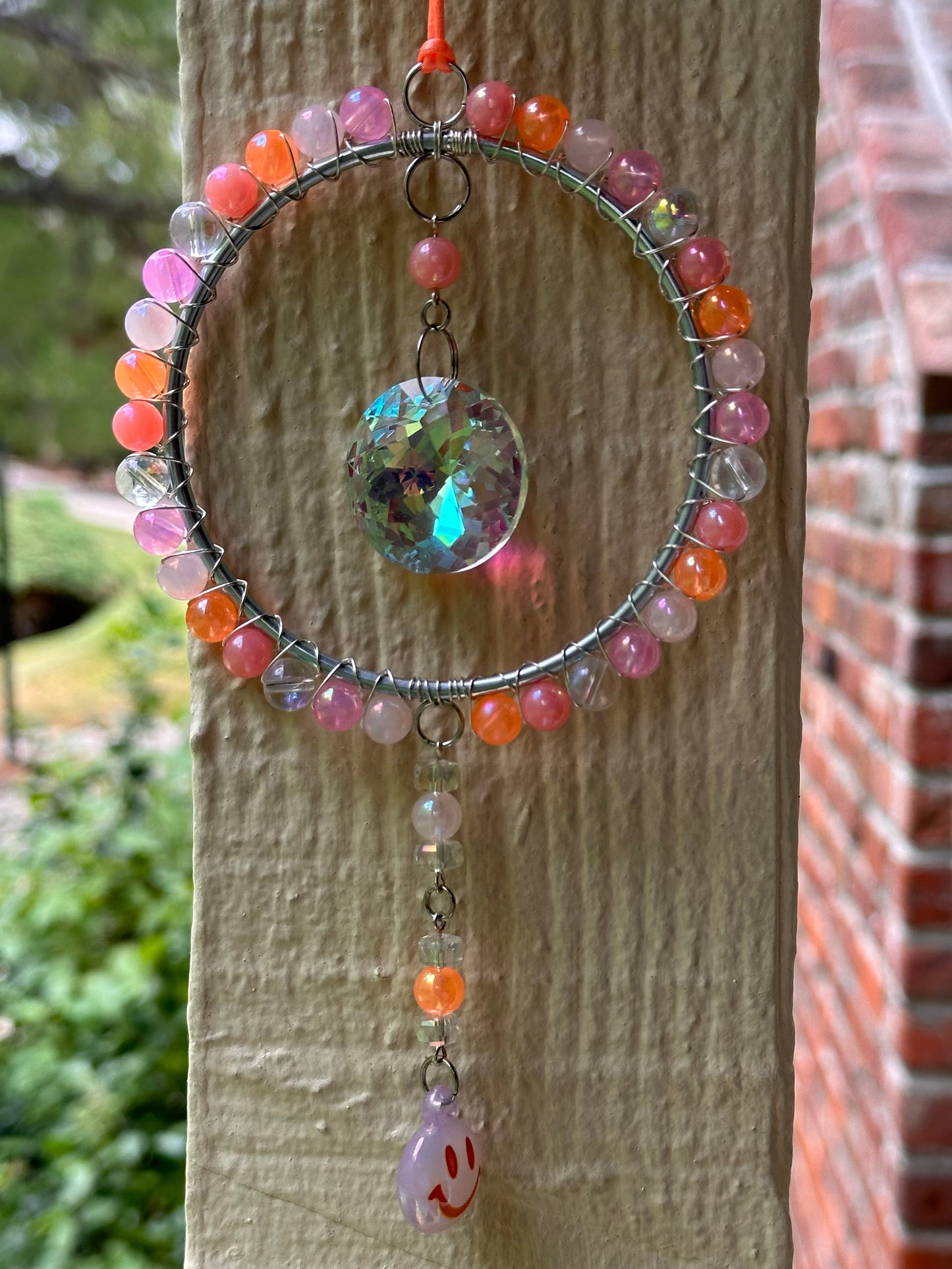 Mini-Malist Suncatcher Summer Session / Car Charm / Rainbow Maker / 3 Inch Silver Ring / Pink & Orange Smiley Dangle