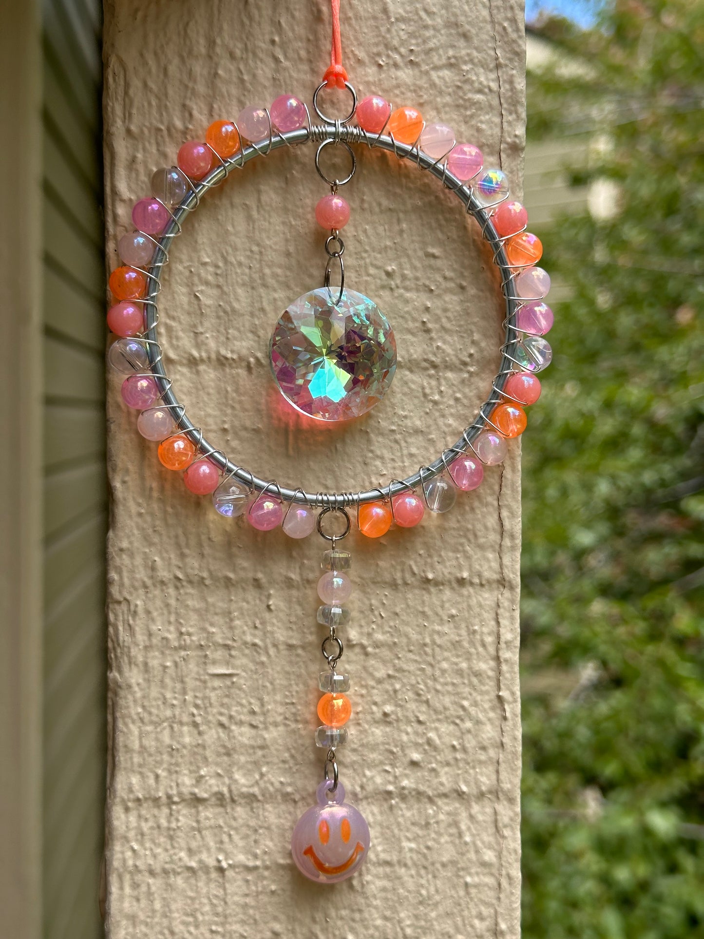 Mini-Malist Suncatcher Summer Session / Car Charm / Rainbow Maker / 3 Inch Silver Ring / Pink & Orange Smiley Dangle