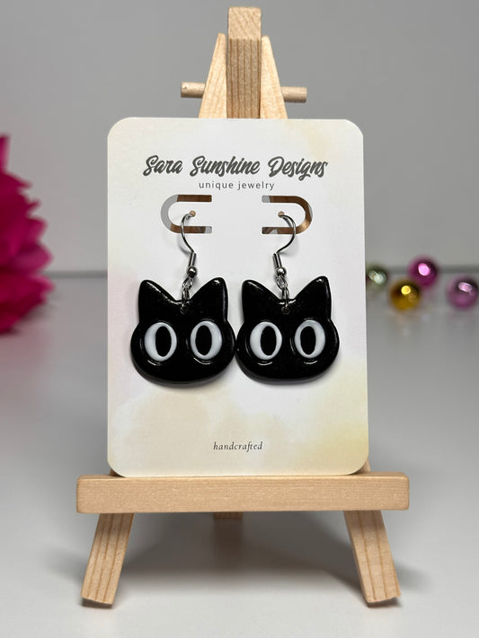 Cat Head Wide Eye Earrings - Black