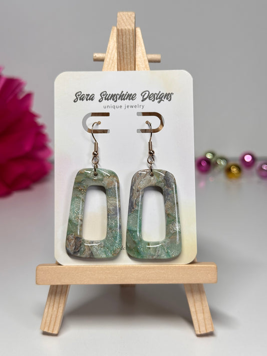 Curvy Oblong Rectangle Cutout Earrings - Celestial Green & Purple