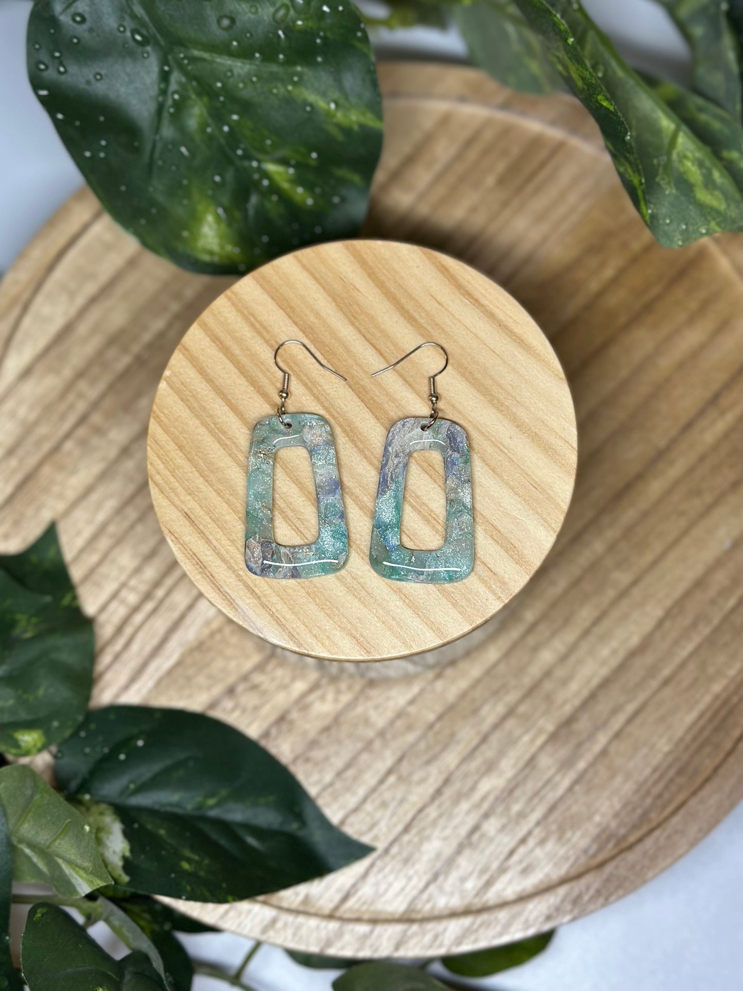Curvy Oblong Rectangle Cutout Earrings - Celestial Green & Purple
