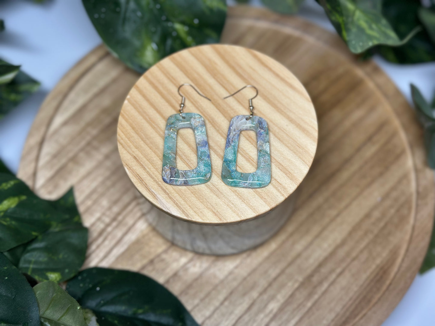 Curvy Oblong Rectangle Cutout Earrings - Celestial Green & Purple