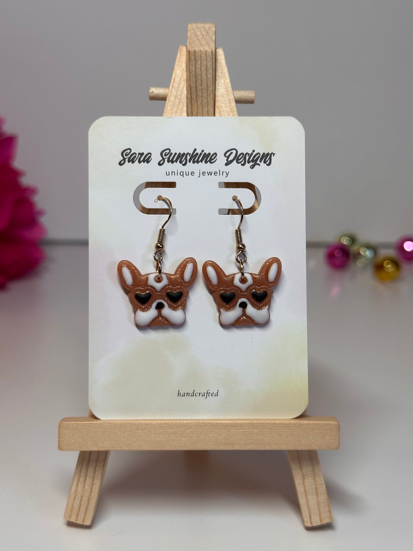 Dogs - Frenchie Heart Eyes Earrings - Tan & White 1