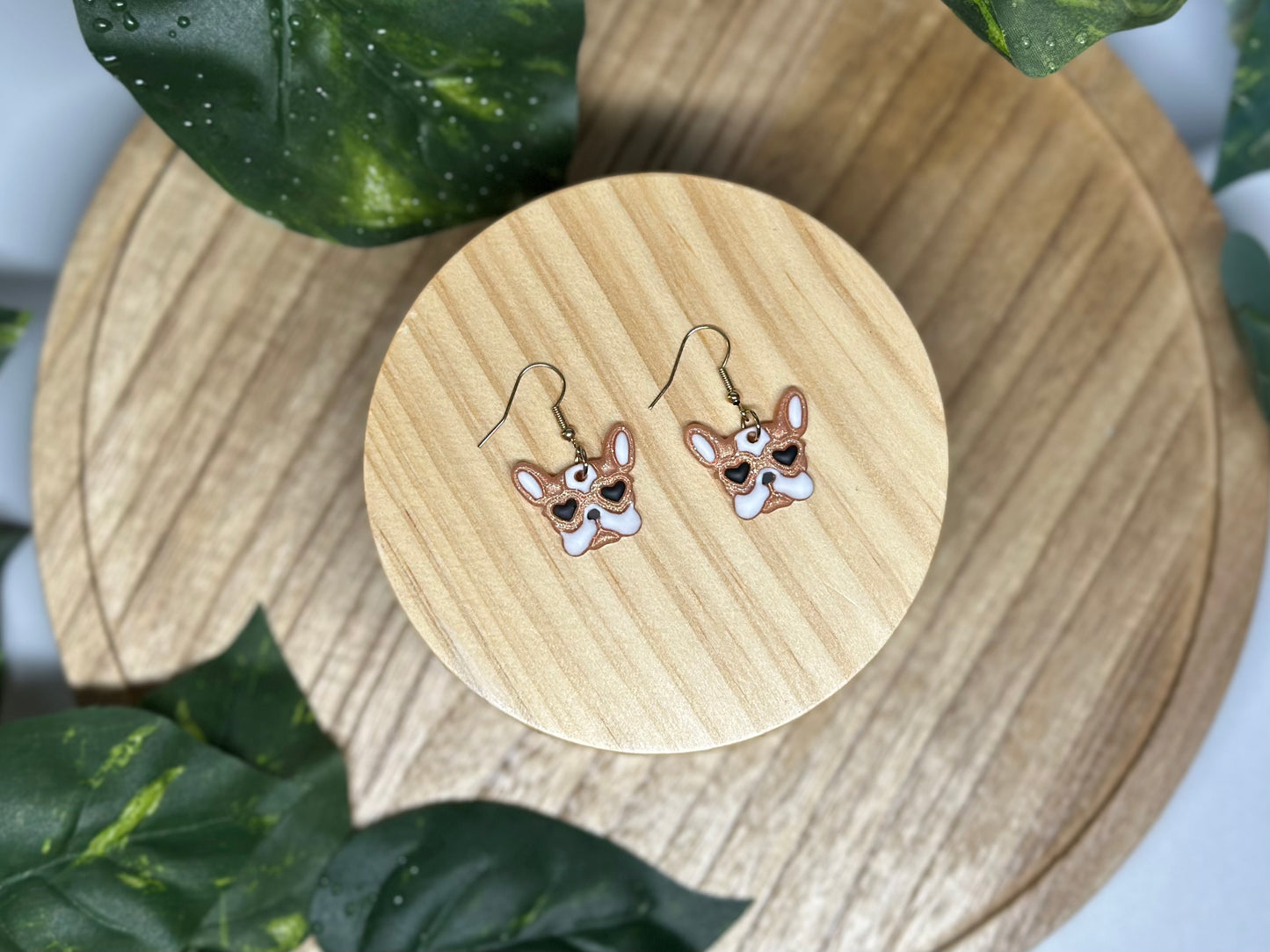 Dogs - Frenchie Heart Eyes Earrings - Tan & White 1