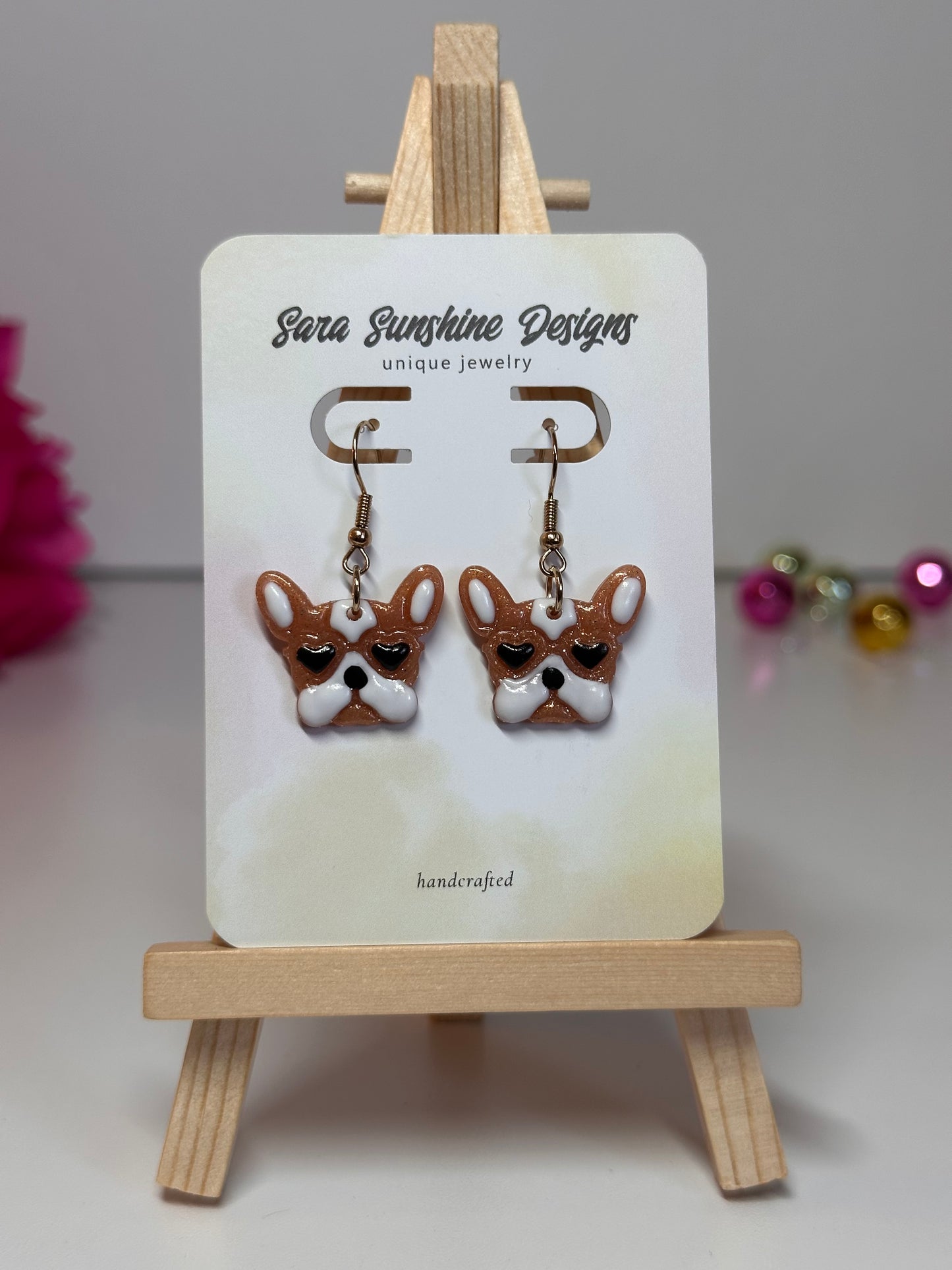 Dogs - Frenchie Heart Eyes Earrings - Tan & White 2