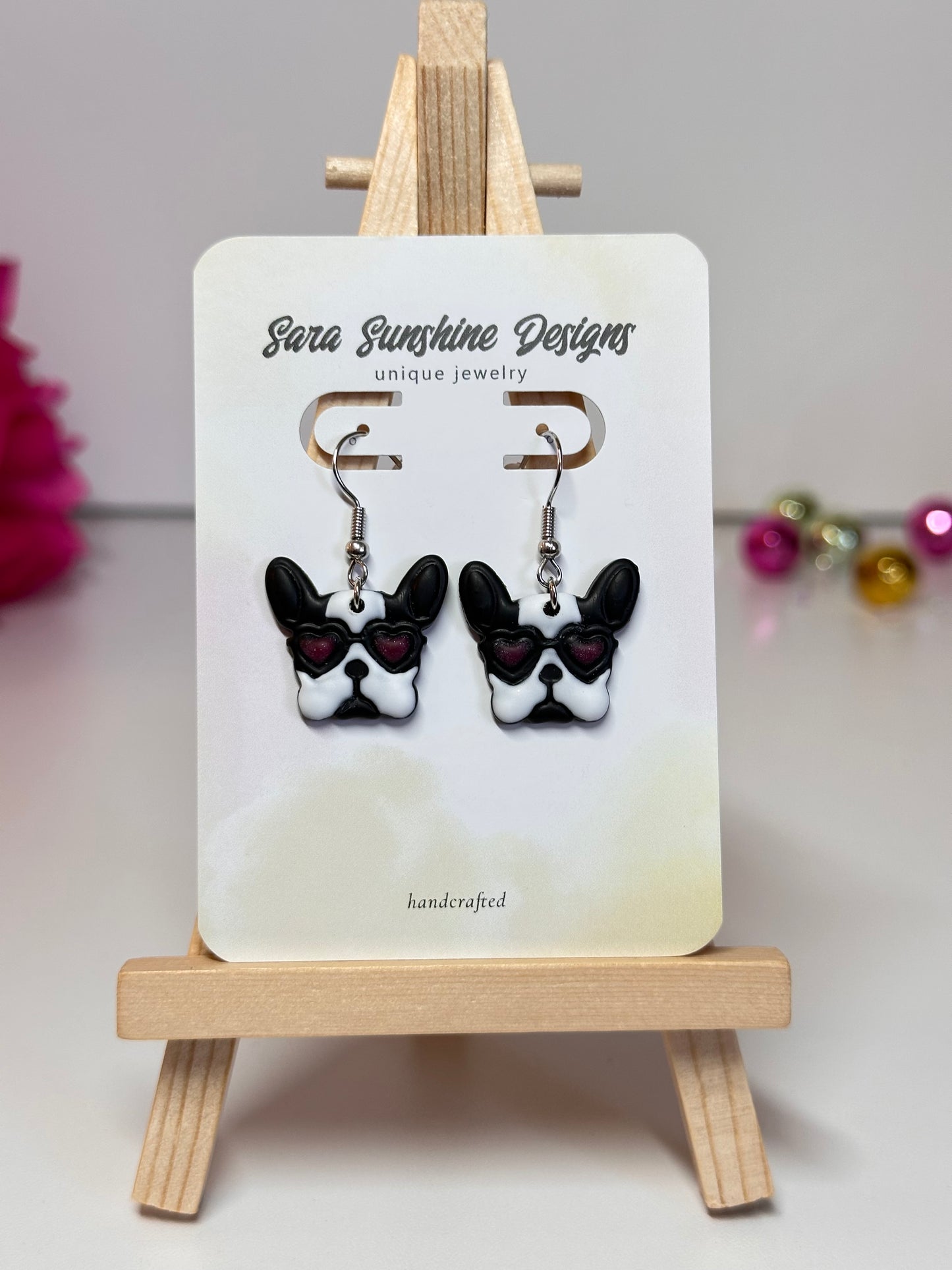 Dogs - Frenchie Heart Eyes Earrings - Black & White