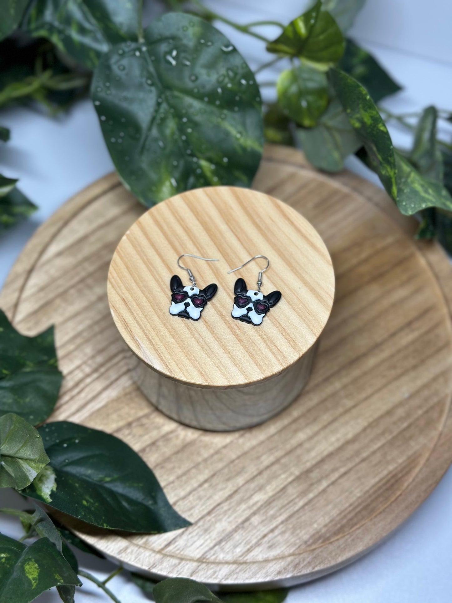 Dogs - Frenchie Heart Eyes Earrings - Black & White