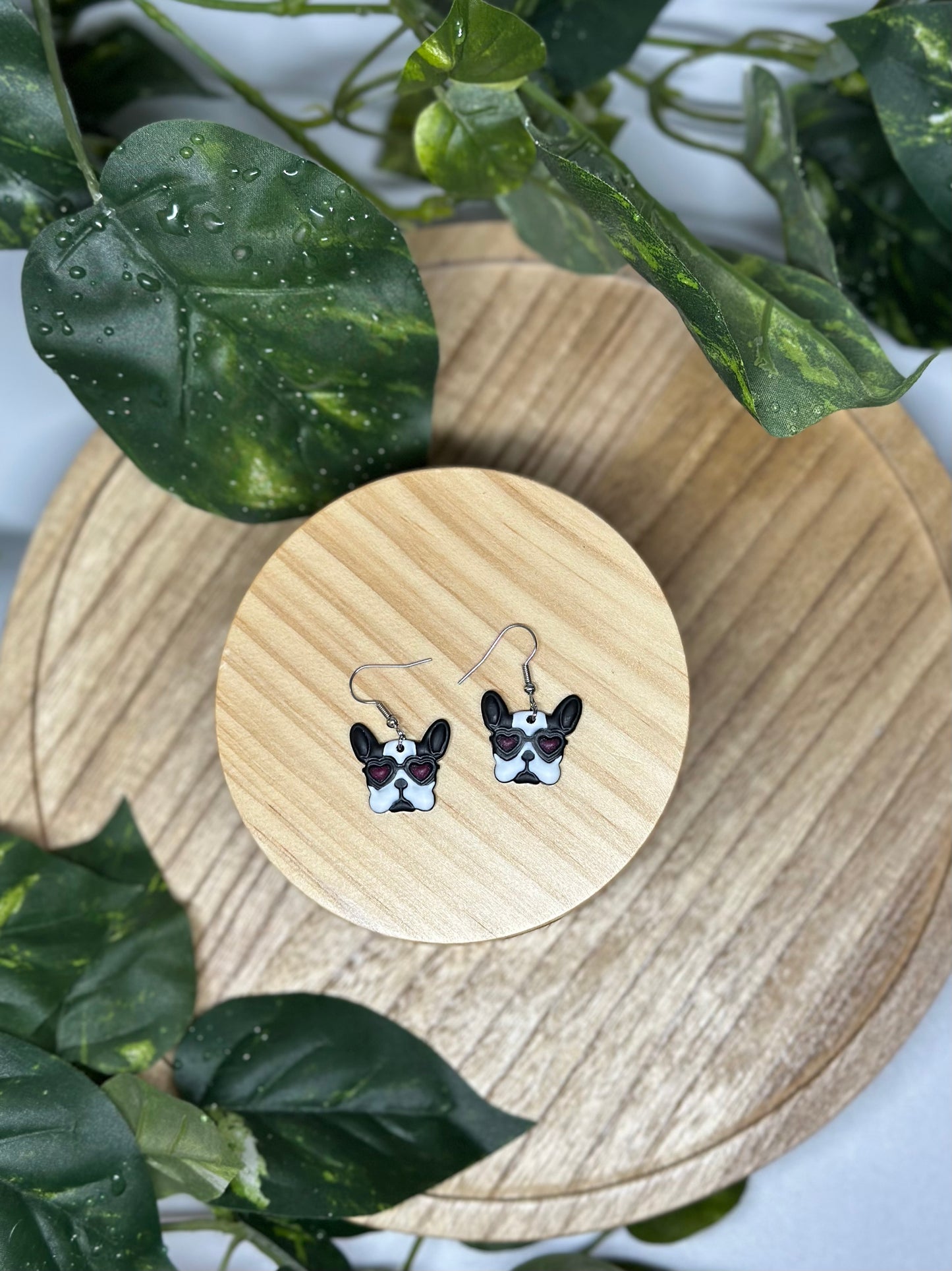 Dogs - Frenchie Heart Eyes Earrings - Black & White