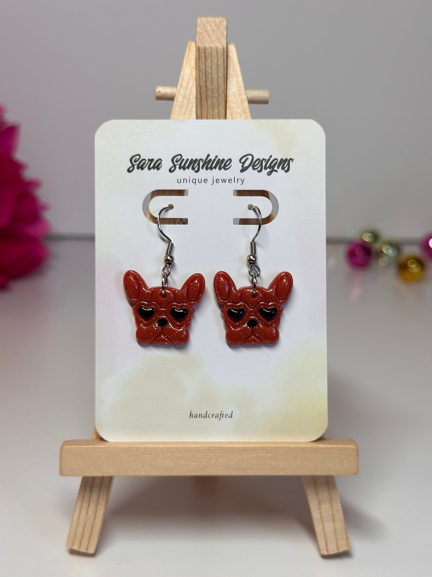 Dogs - Frenchie Heart Eyes Earrings - Red