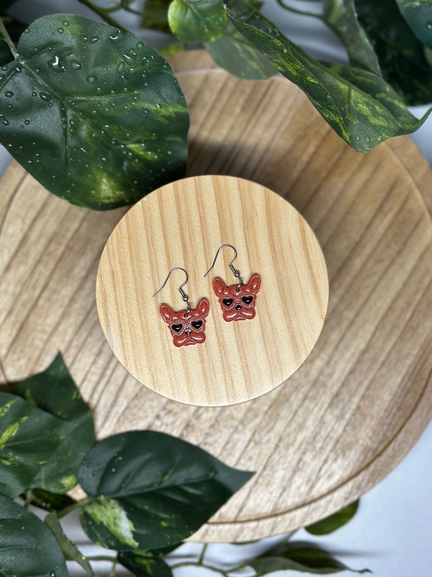 Dogs - Frenchie Heart Eyes Earrings - Red