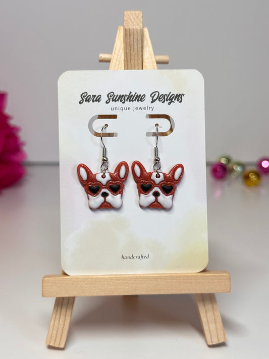 Dogs - Frenchie Heart Eyes Earrings - Red & White