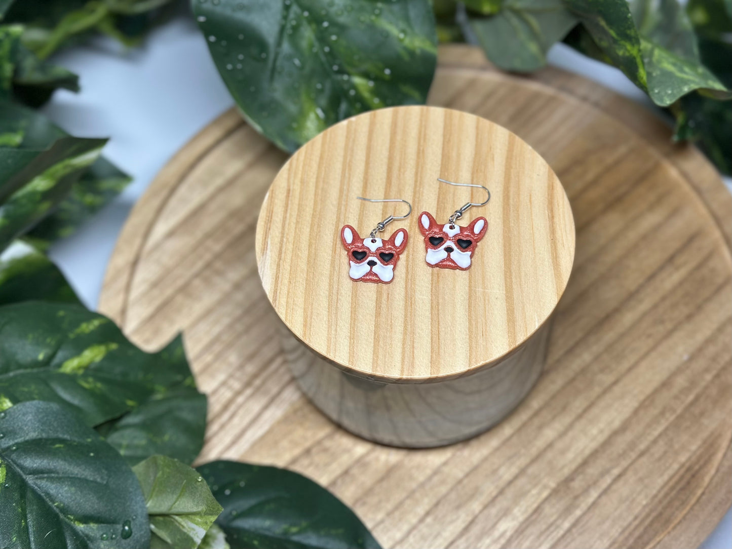 Dogs - Frenchie Heart Eyes Earrings - Red & White