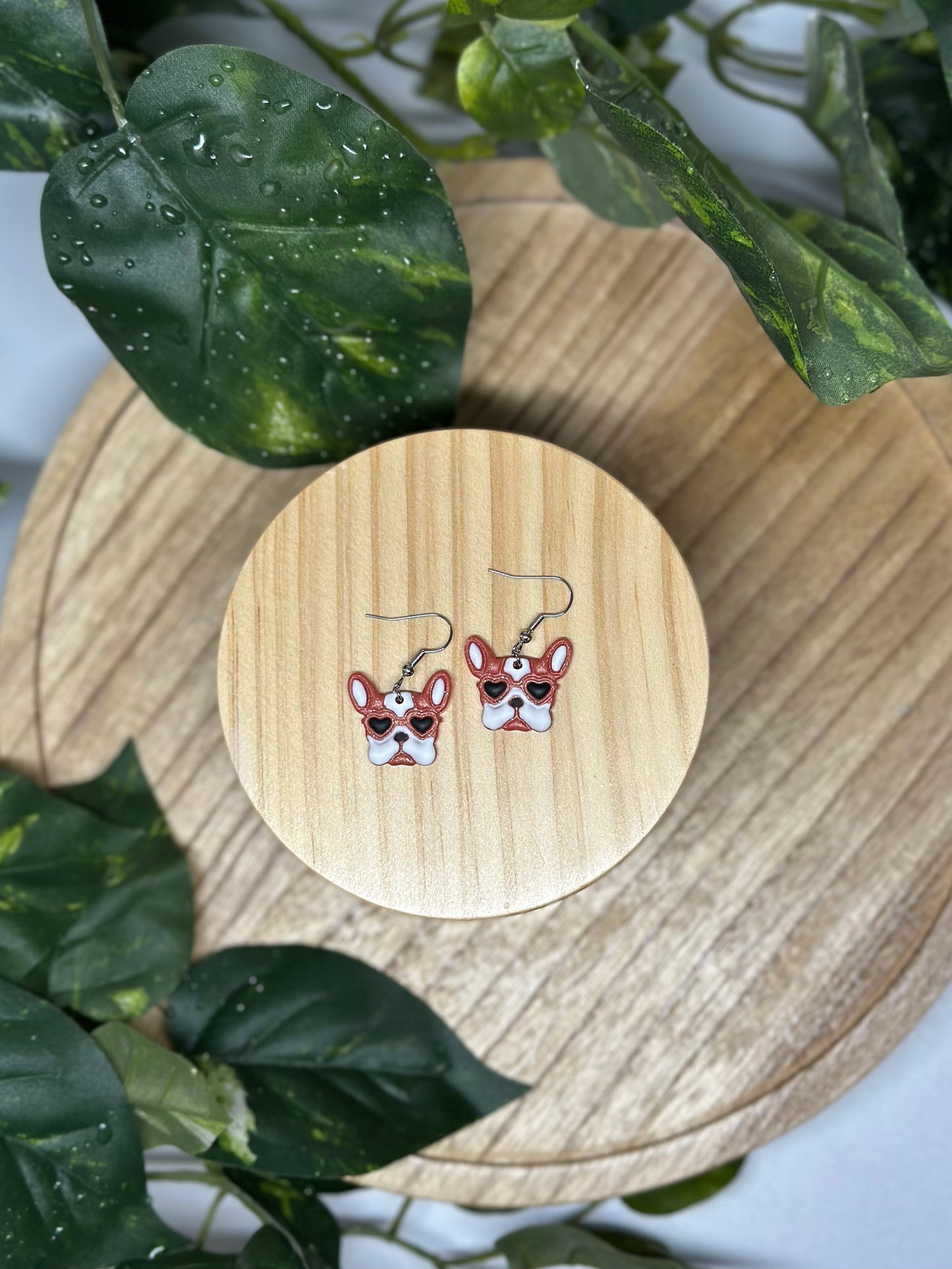 Dogs - Frenchie Heart Eyes Earrings - Red & White