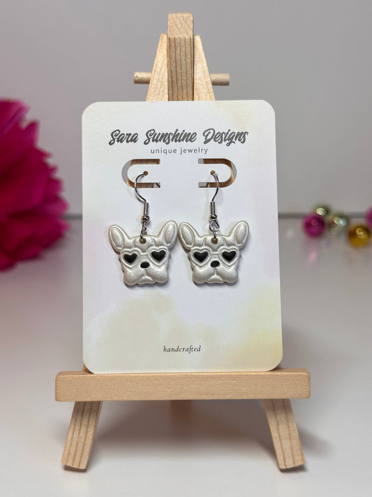 Dogs - Frenchie Heart Eyes Earrings - White 1