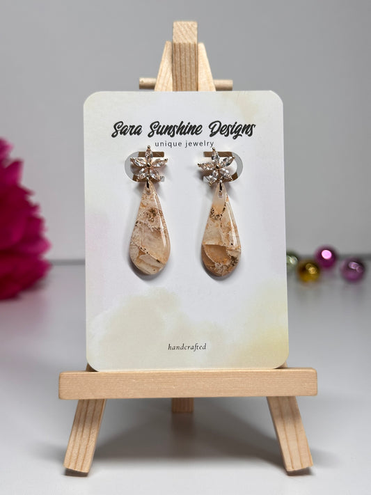 Skinny Drop Pendant Earrings with Floral Stud Dangle - Beige