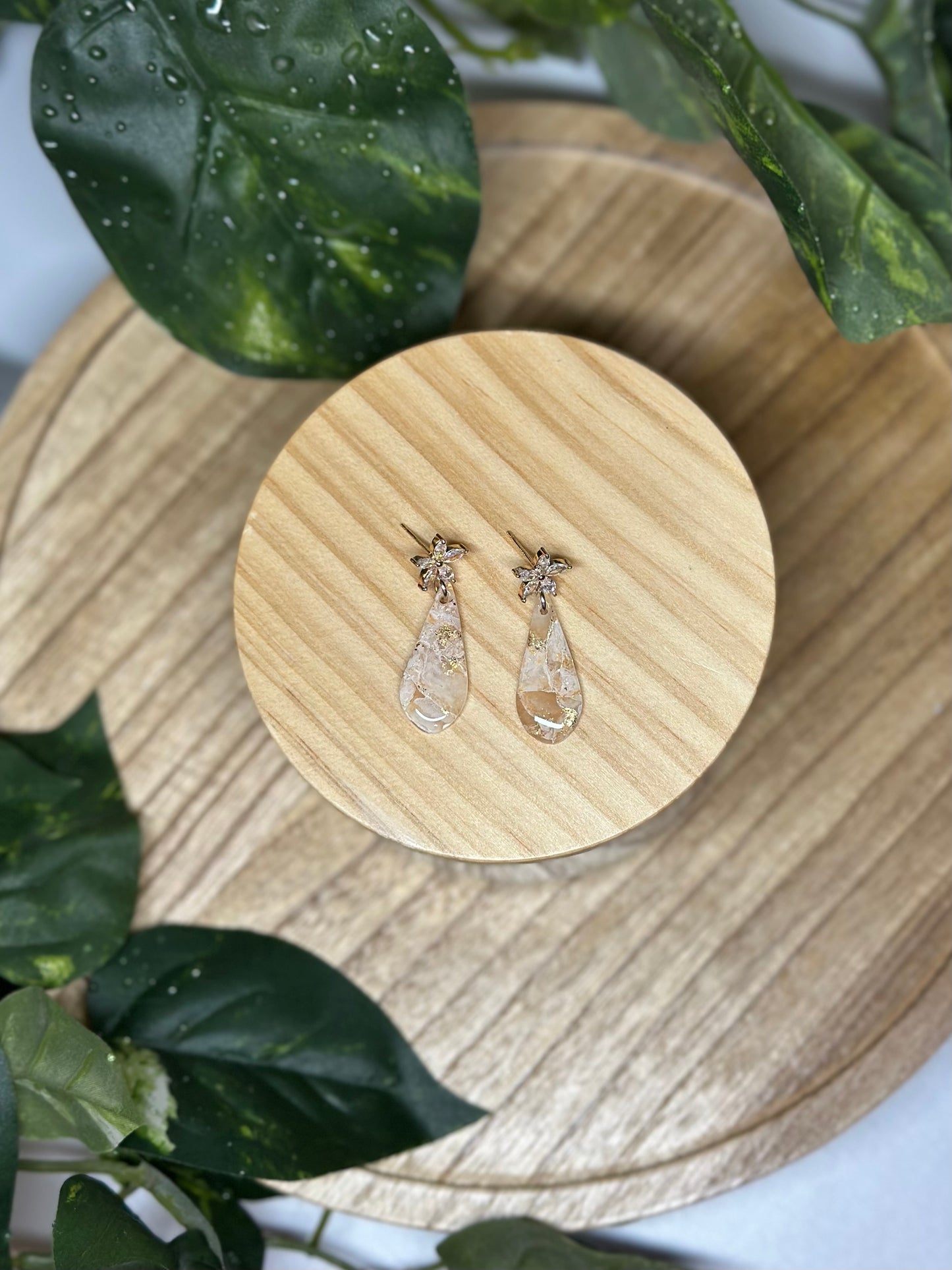 Skinny Drop Pendant Earrings with Floral Stud Dangle - Beige