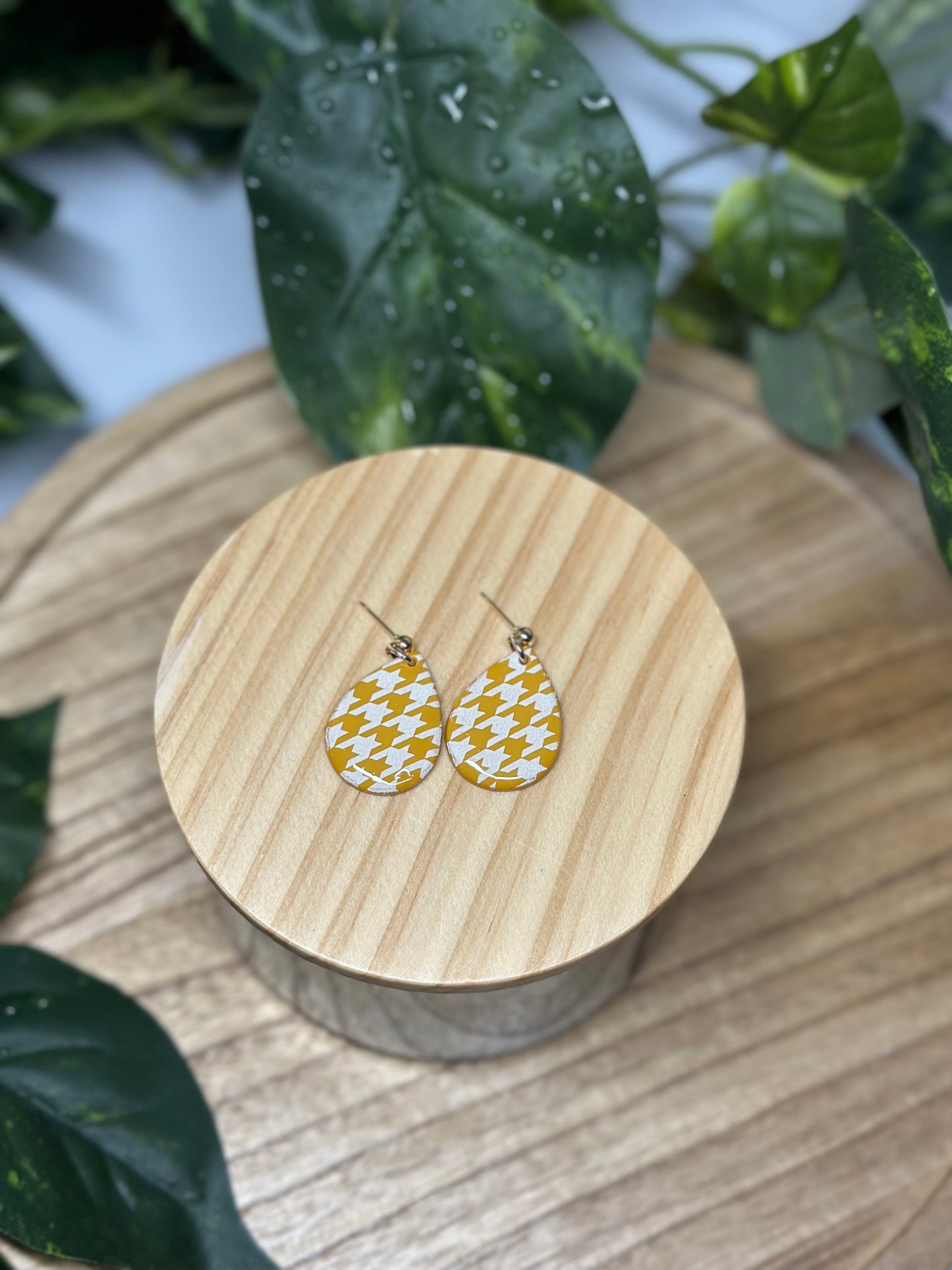 Drop Pendant Earrings - Mustard & White Houndstooth