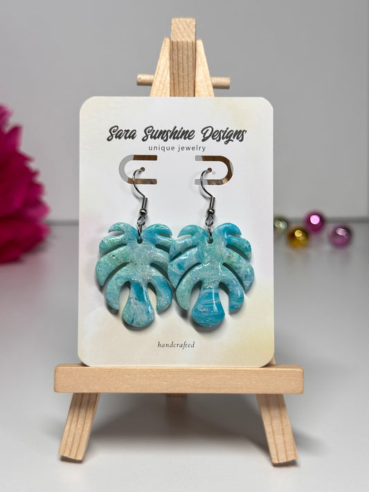 Monstera Leaf Earrings - Blue Green