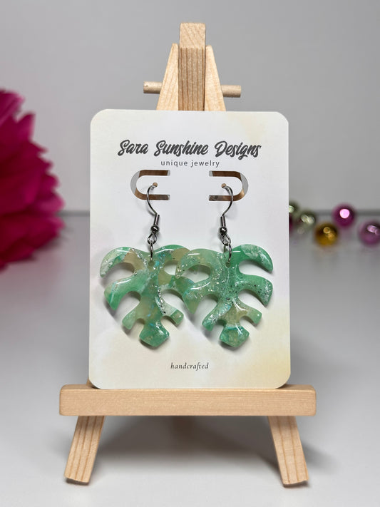 Monstera Leaf Earrings - Ocean Green 1