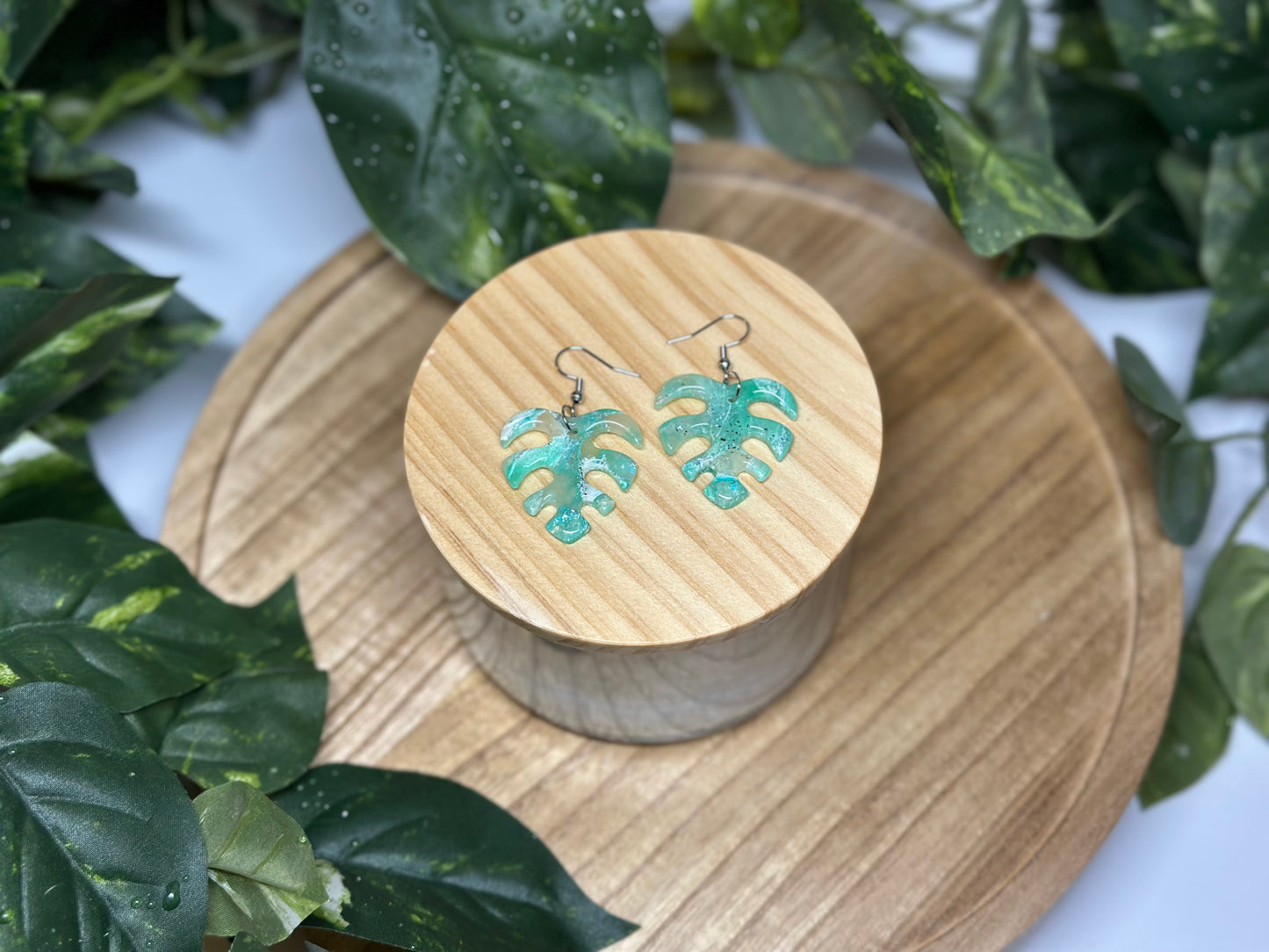 Monstera Leaf Earrings - Ocean Green 1