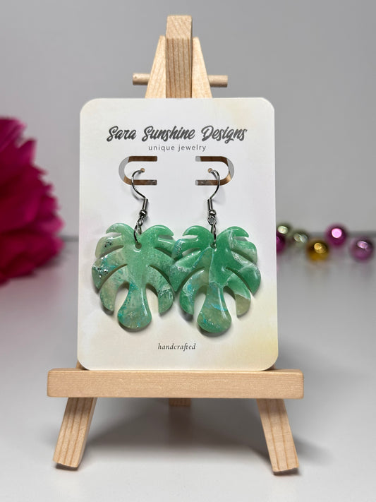 Monstera Leaf Earrings - Ocean Green 2