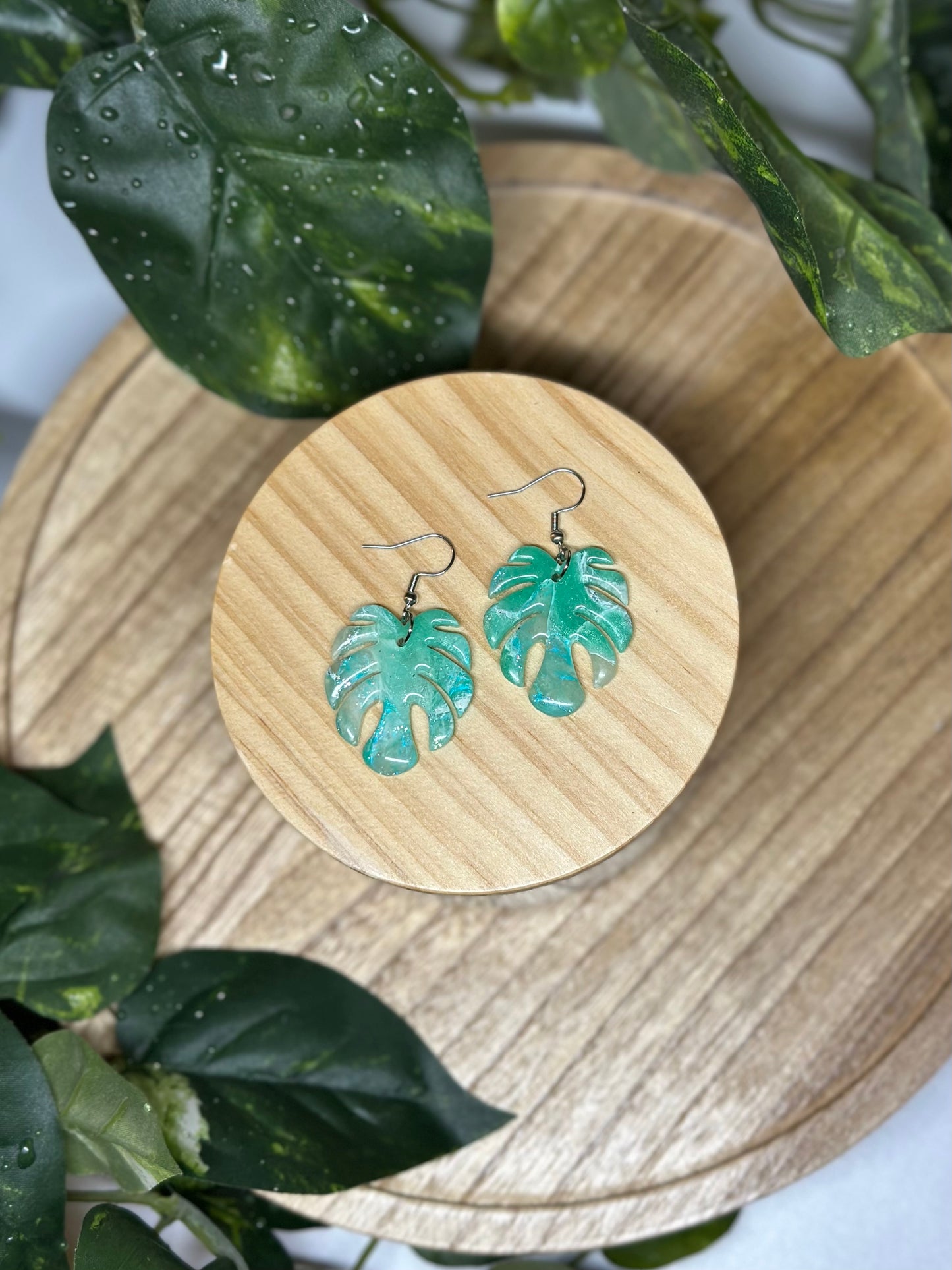 Monstera Leaf Earrings - Ocean Green 2