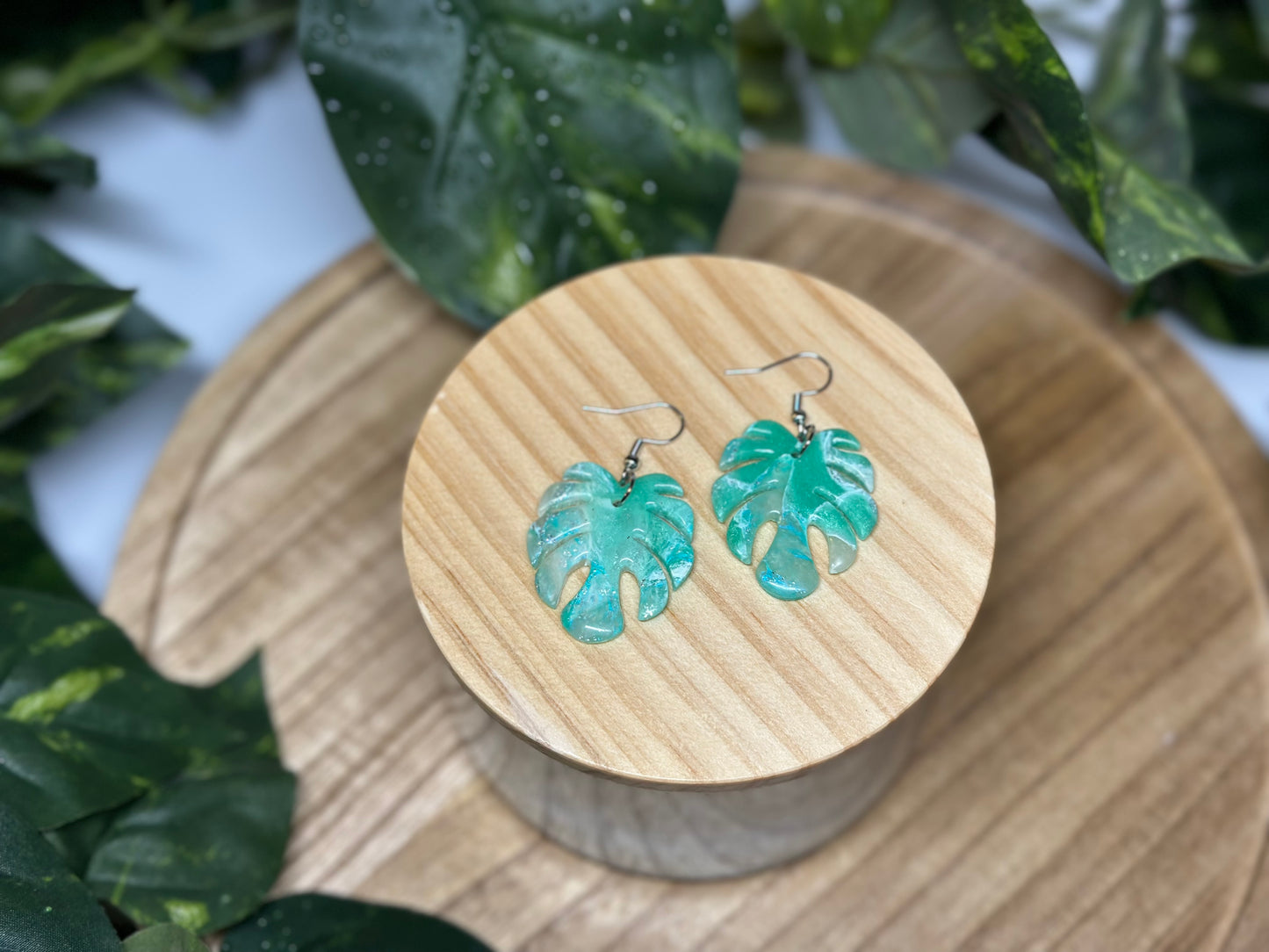 Monstera Leaf Earrings - Ocean Green 2