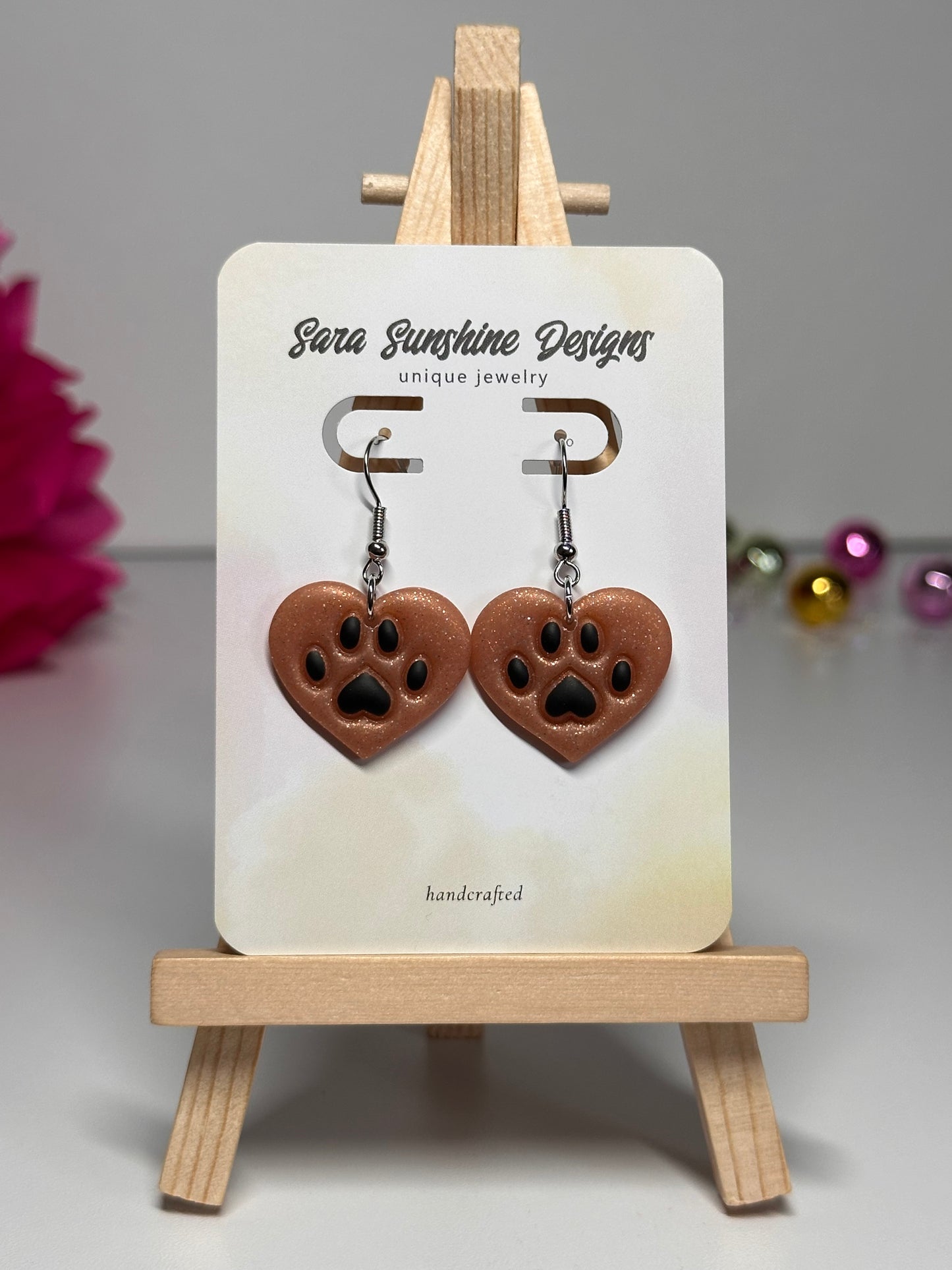 Paw Print Heart Earrings - Tan & Black