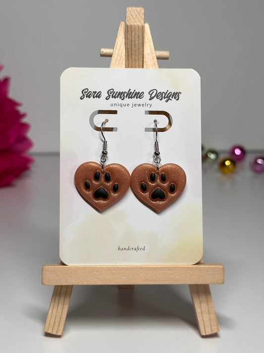 Paw Print Heart Earrings - Tan & Black