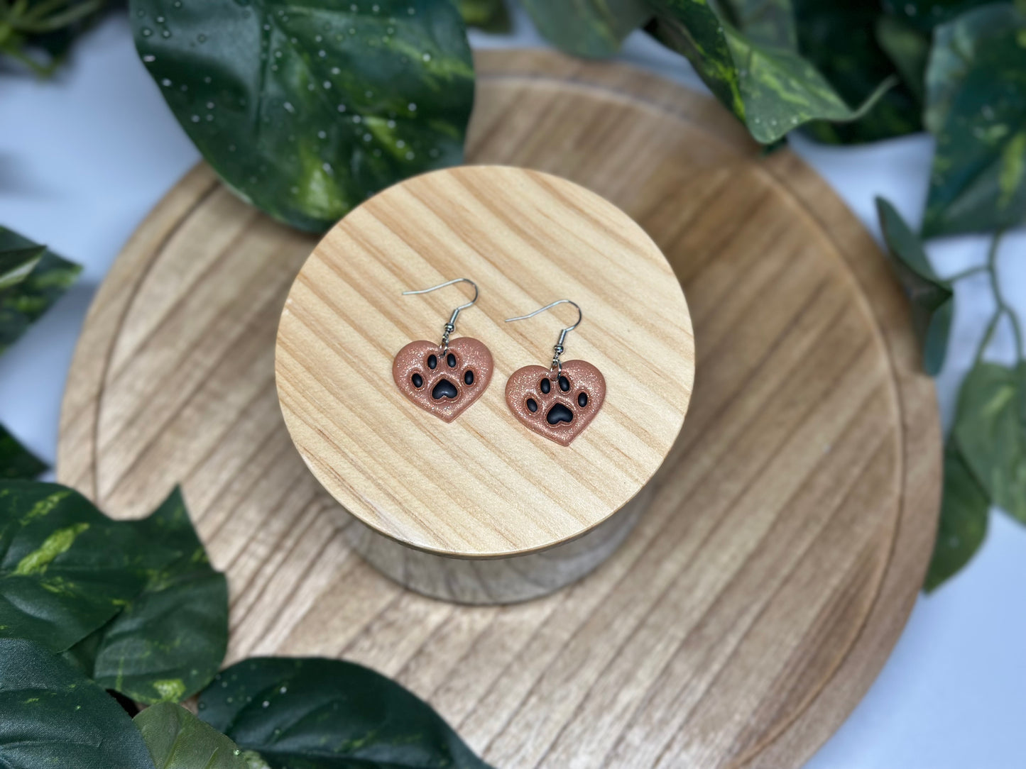 Paw Print Heart Earrings - Tan & Black