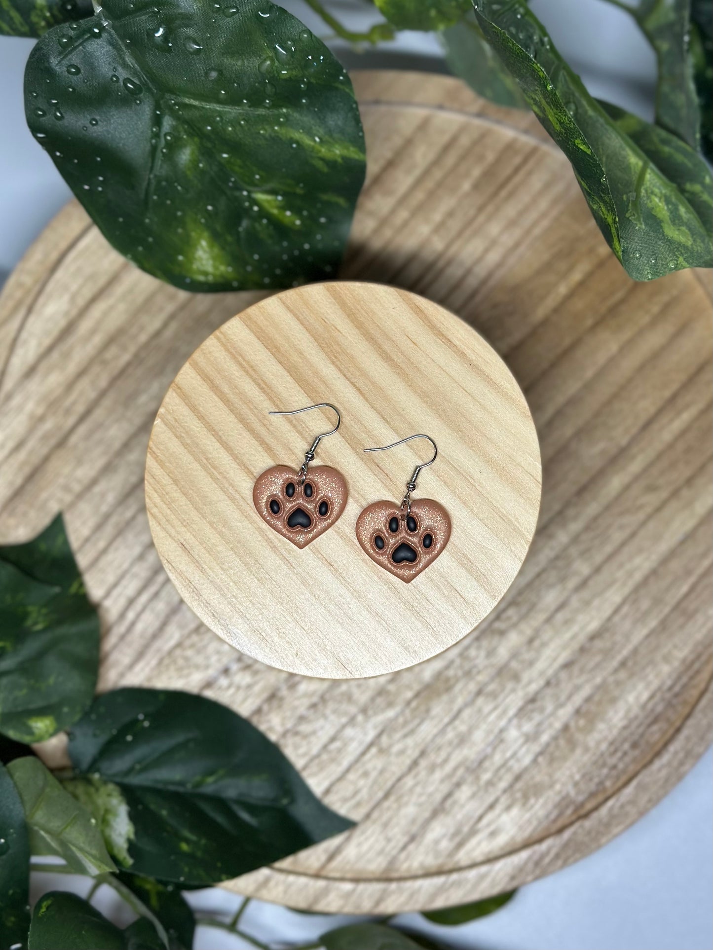 Paw Print Heart Earrings - Tan & Black