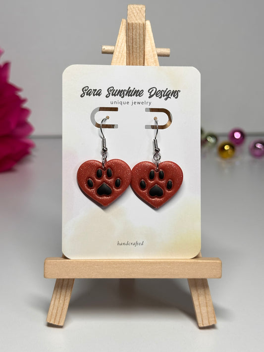 Paw Print Heart Earrings - Orange & Black