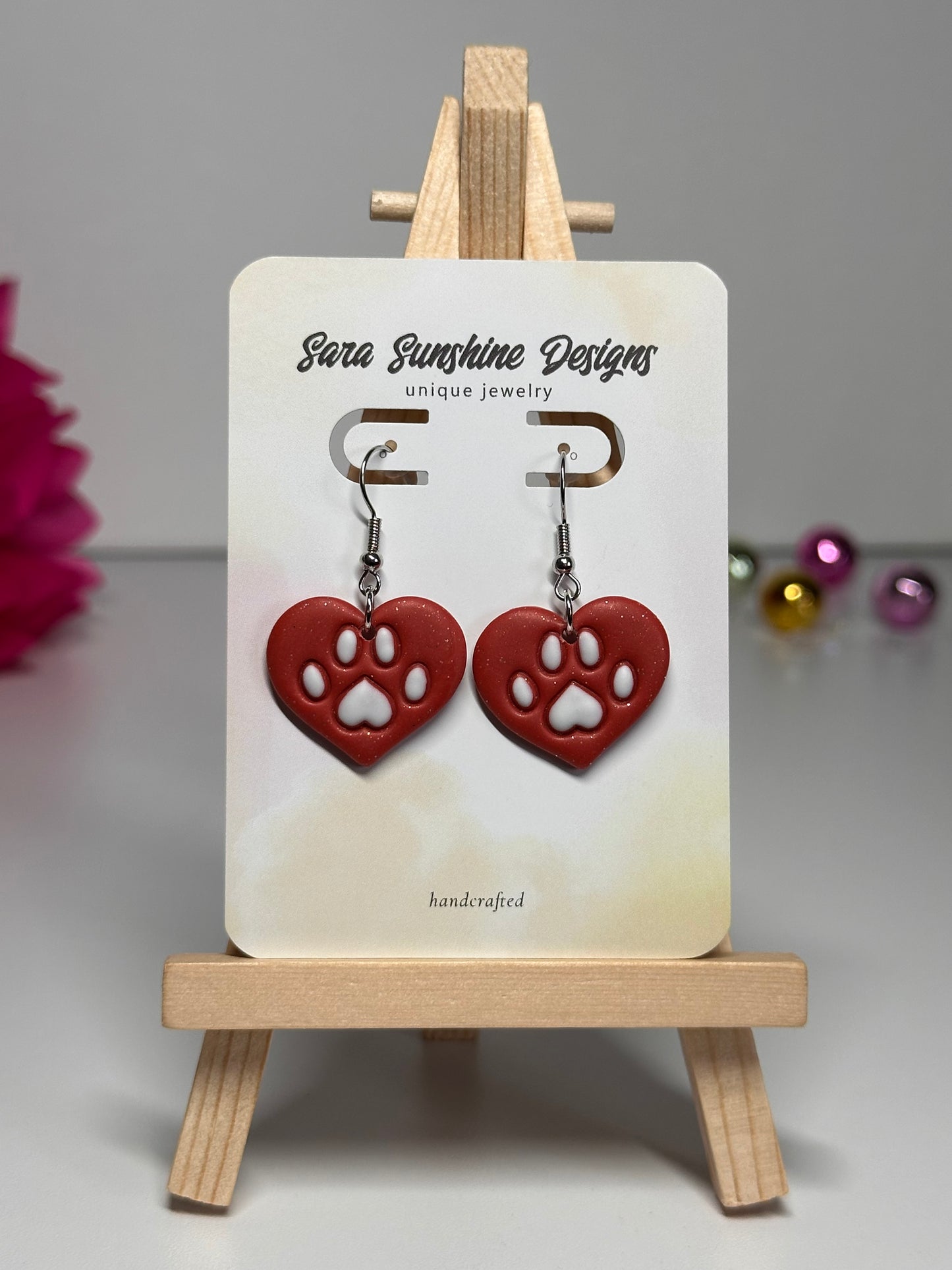 Paw Print Heart Earrings - Orange & White